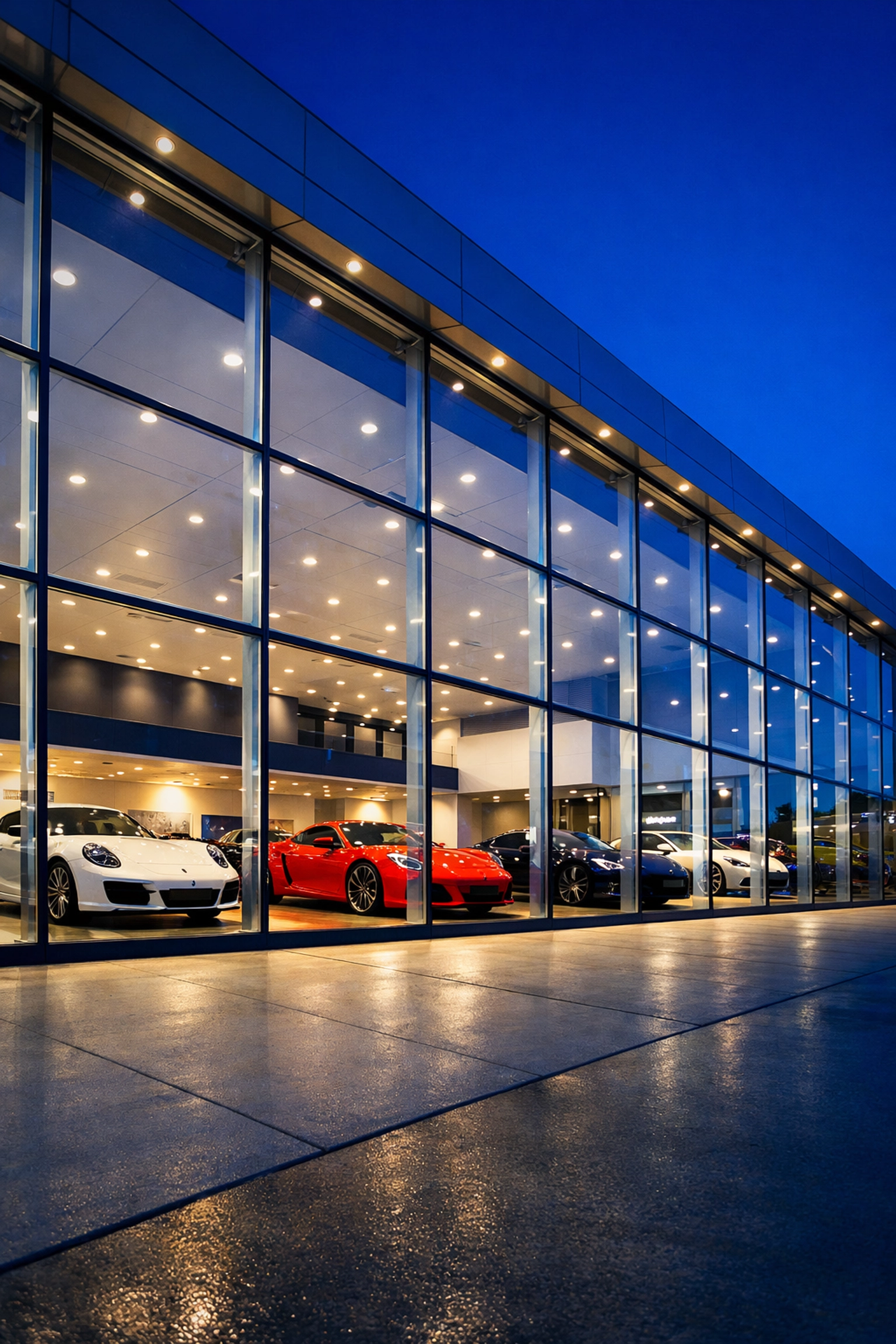 Clean luxury car dealership showroom with streak-free glass windows and polished appearance.