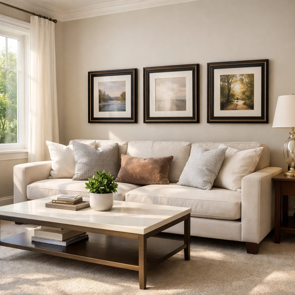 Well-maintained rental property living room showing pristine condition for inventory report