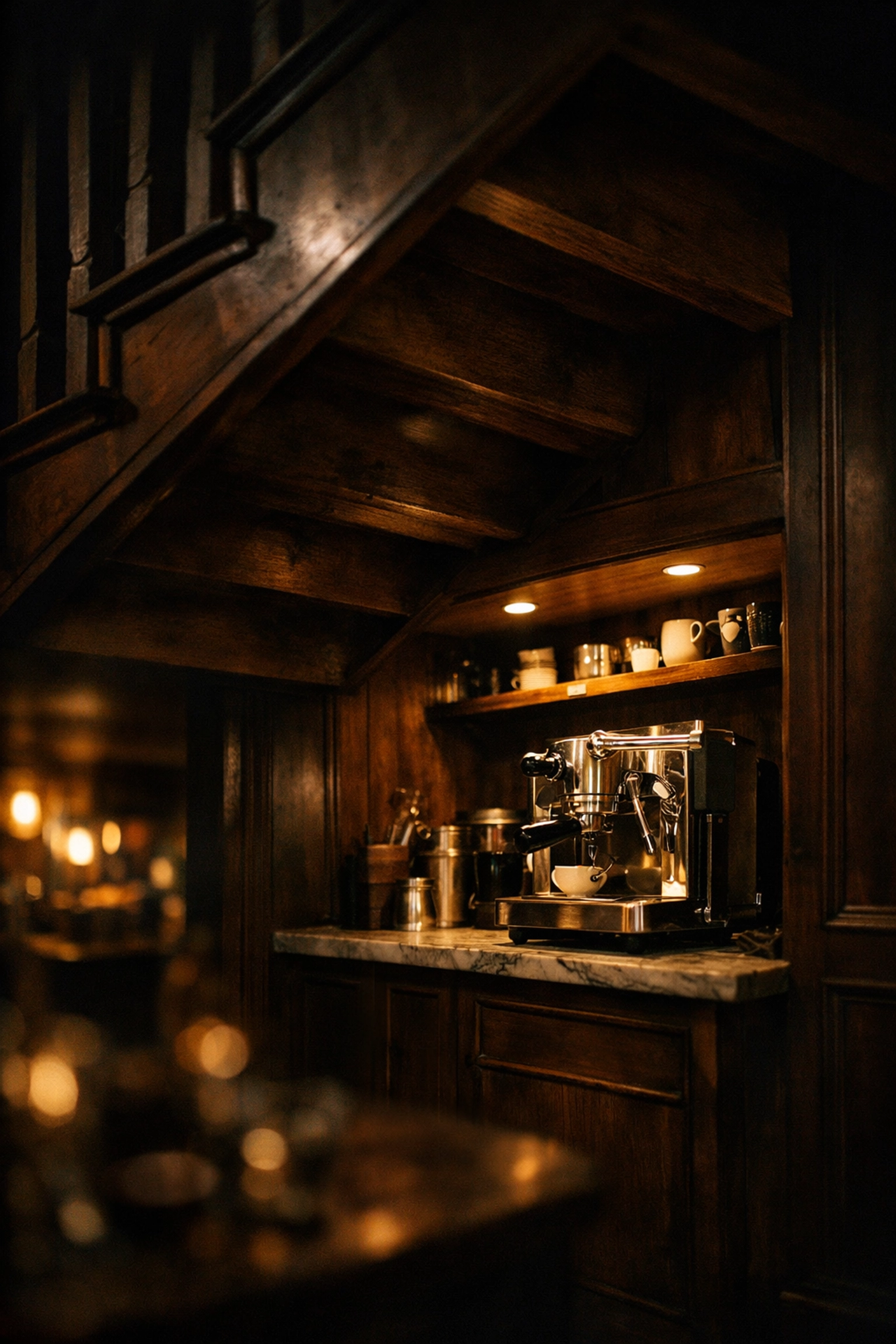 Hidden coffee nook tucked under stairs with espresso machine and warm ambient lighting