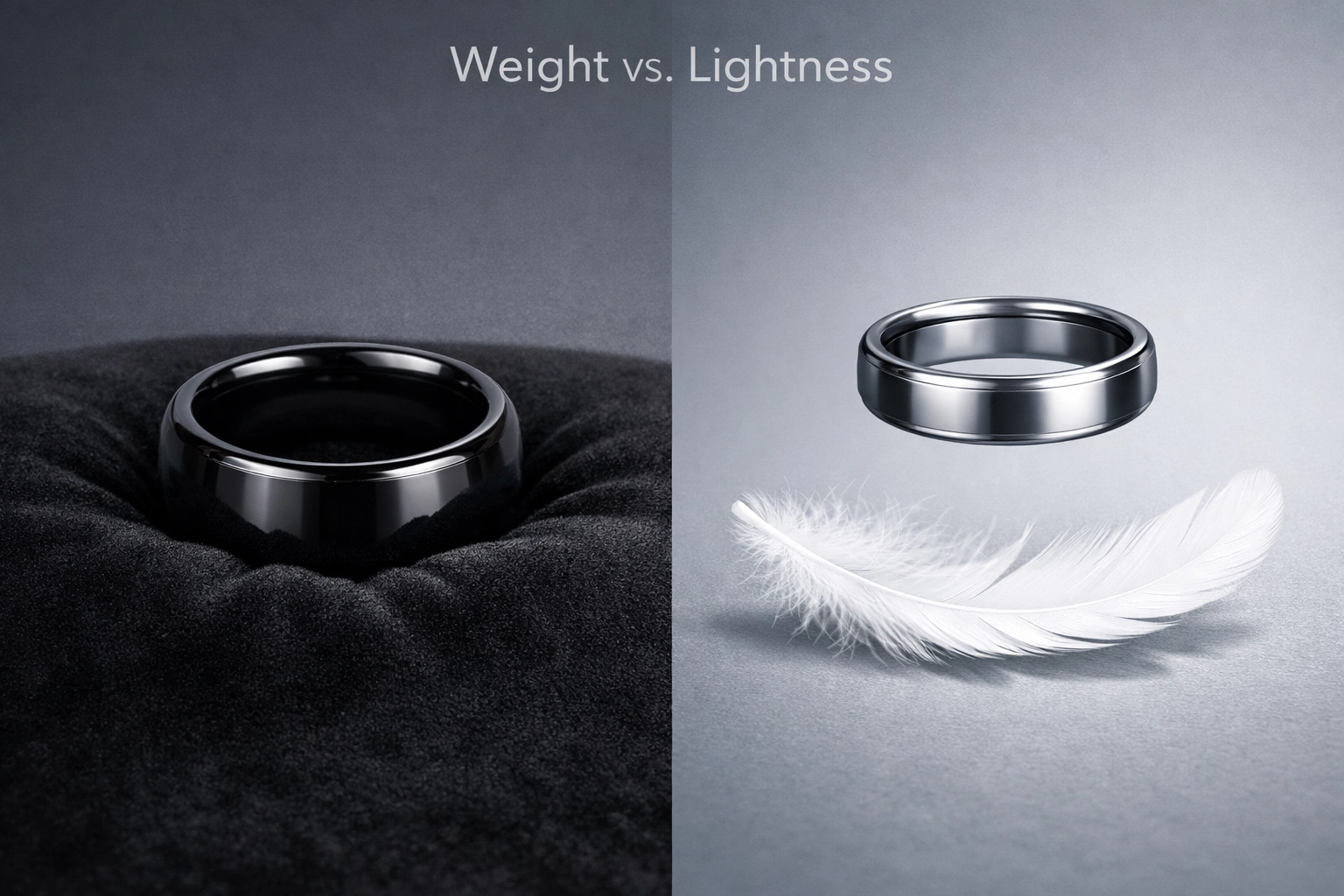 Comparison showing the heavy weight of tungsten wedding bands versus the extreme lightness of titanium.