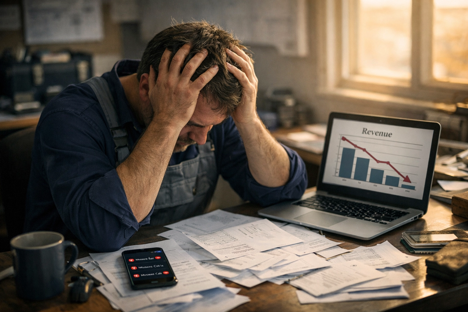 Frustrated trade business owner at desk experiencing a revenue plateau