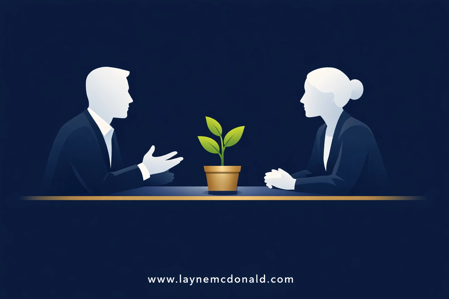 Minimalist illustration of leaders in conversation, symbolizing personal growth through Christian coaching for church staff.