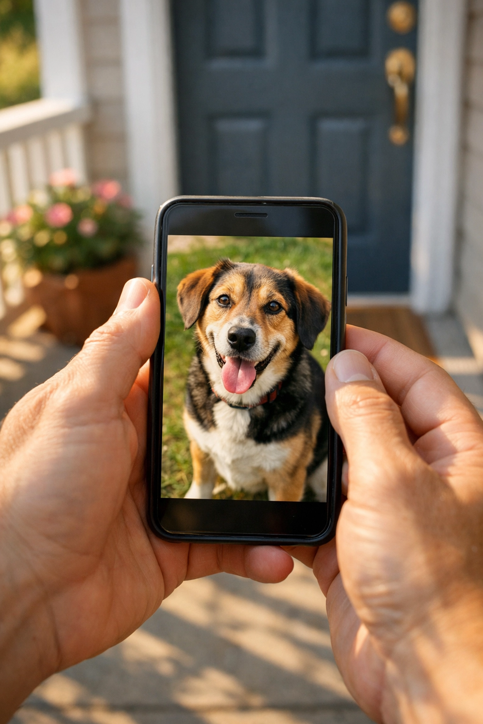 Person showing photo of found dog on phone to neighbor while canvassing neighborhood for owner