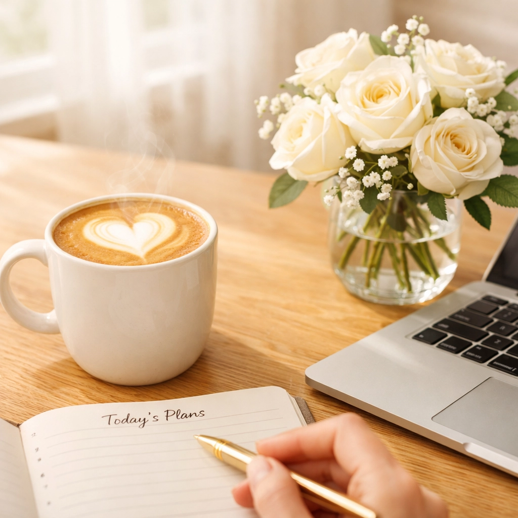 Wedding planning session with a laptop and latte, showcasing how to fund your wedding while you plan.