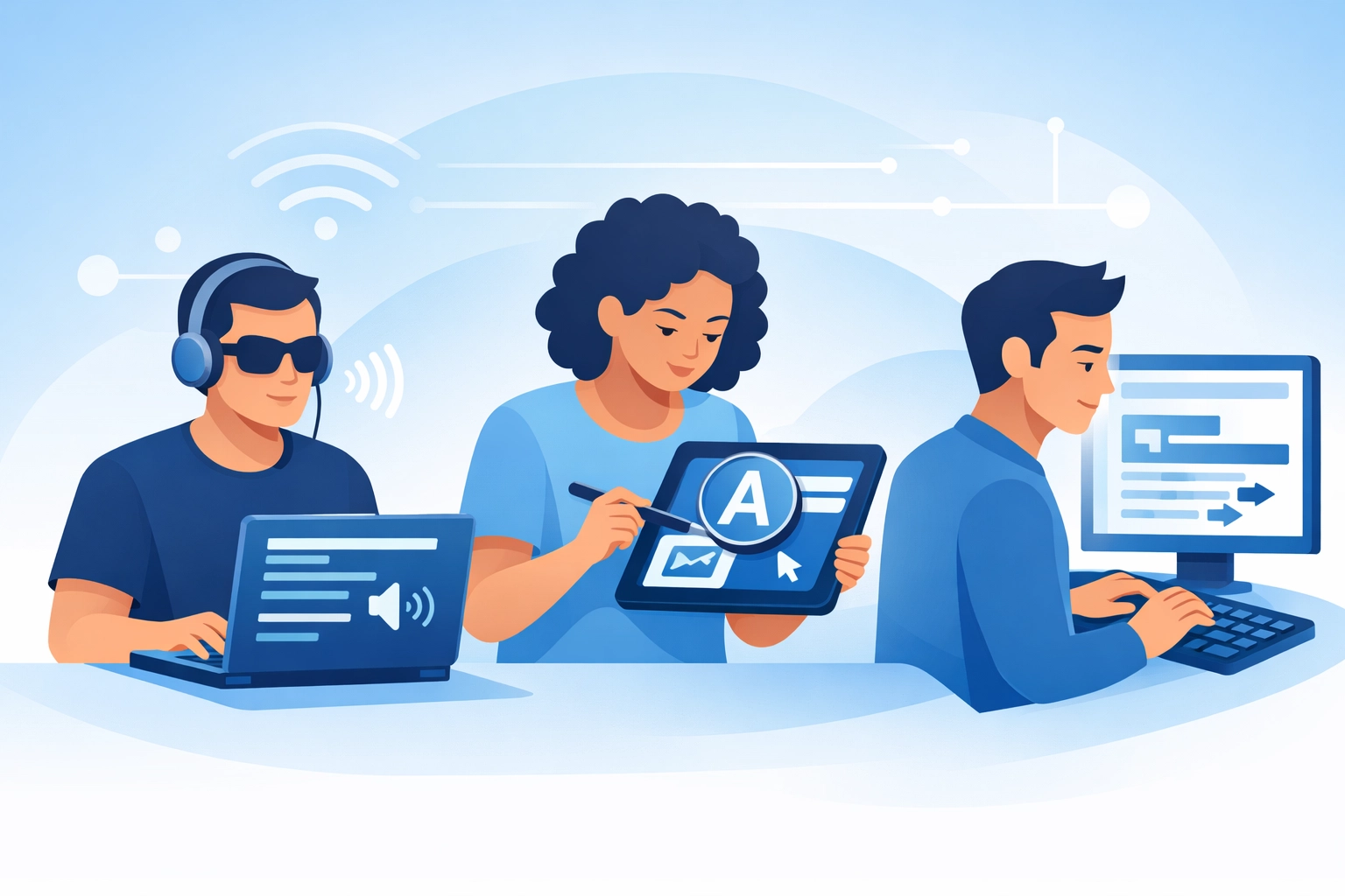 Diverse users accessing websites with assistive technology including screen readers and keyboard navigation