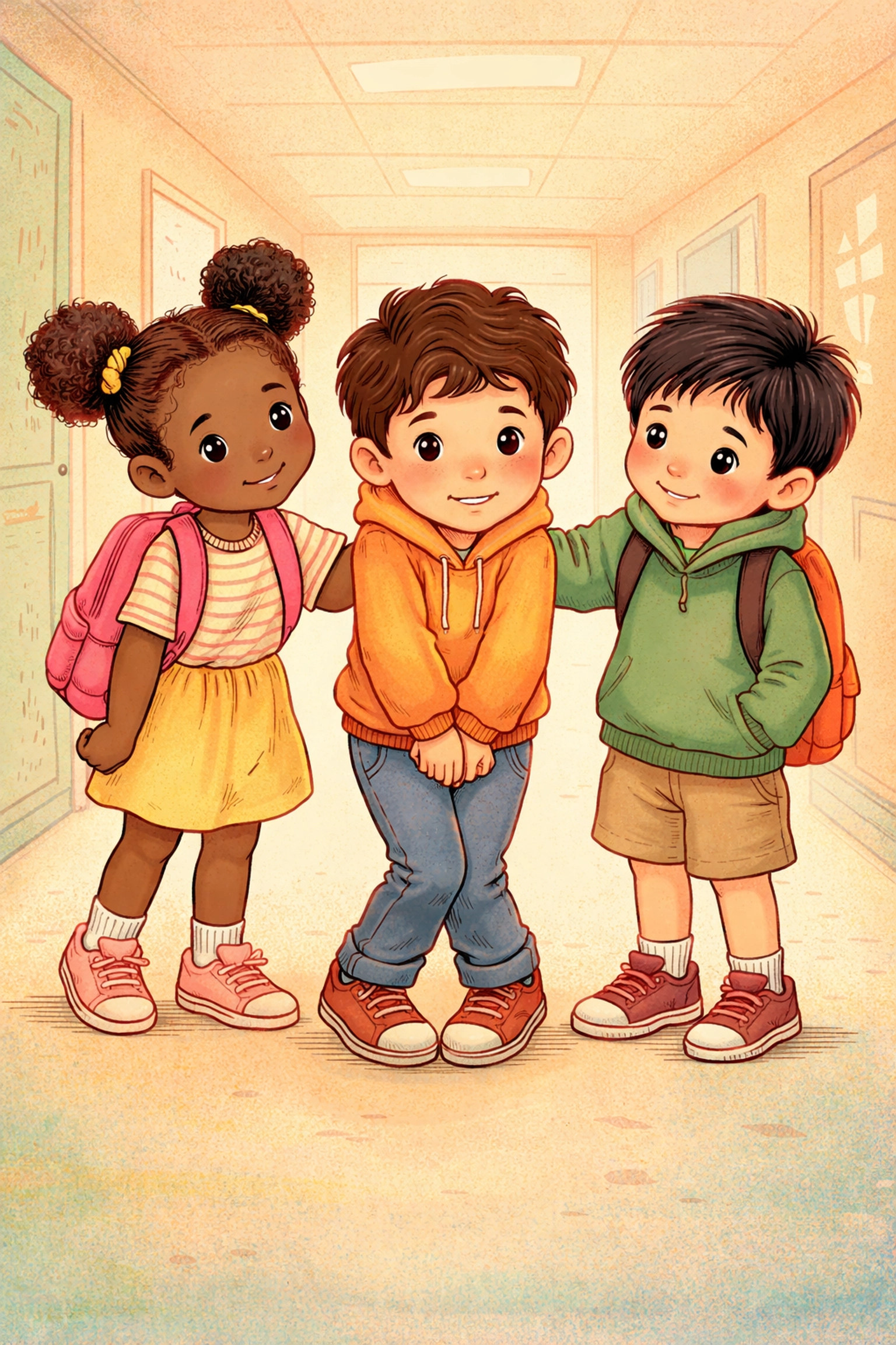 Diverse children in a school hallway, one doing the potty dance, illustrating overactive bladder in kids.