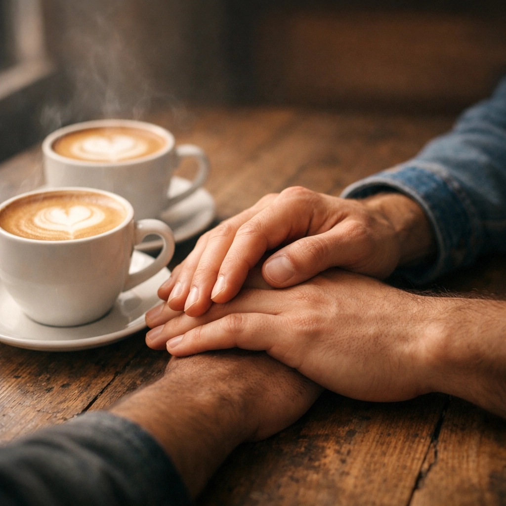Close-up of two men holding hands supportively at a cafe table with coffee.