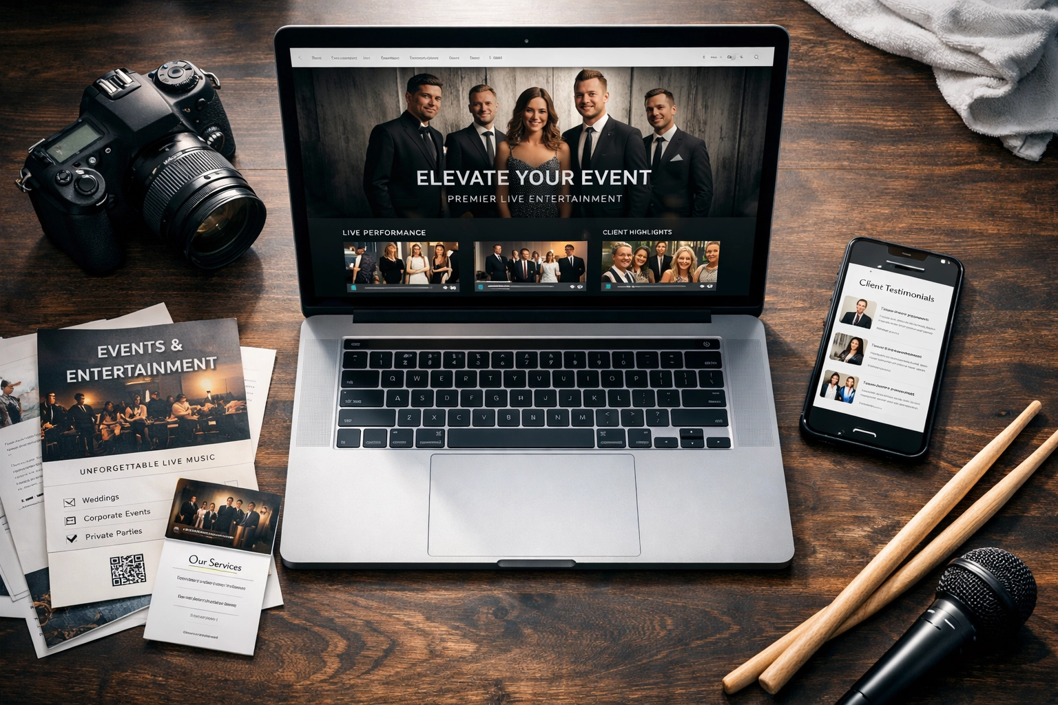 Professional band website and marketing materials displayed on laptop workspace