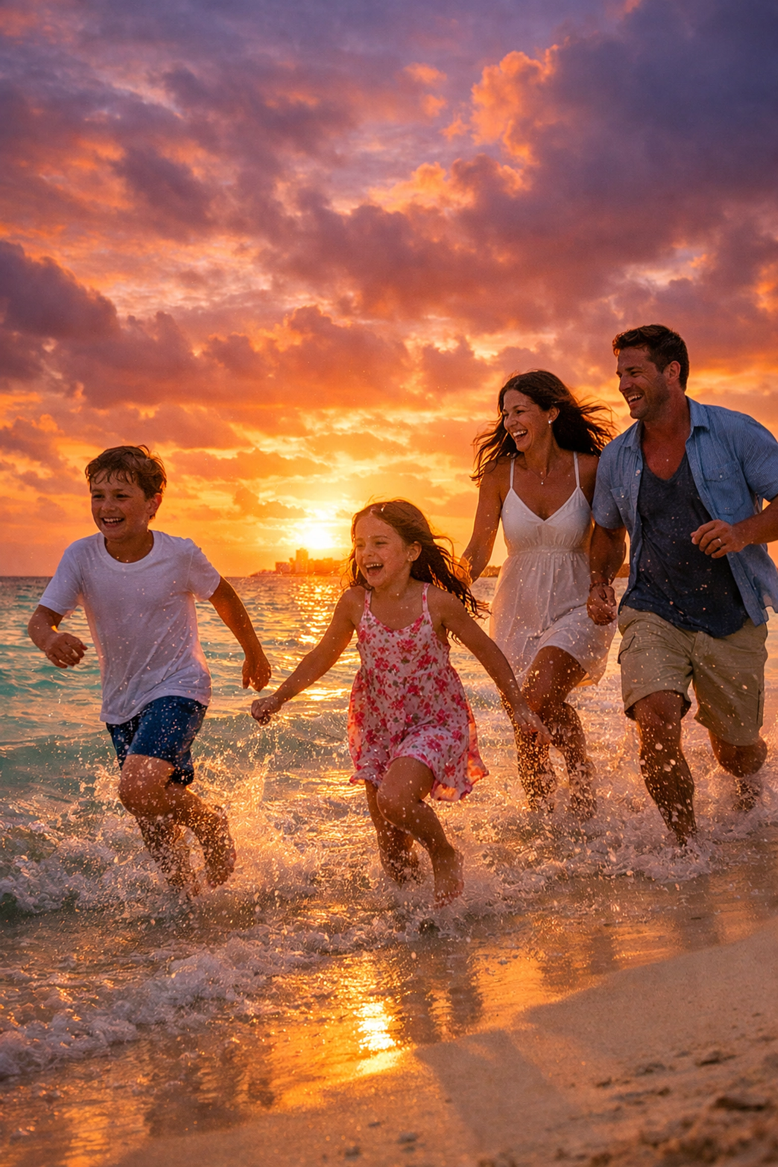 A family running along a white-sand beach in Cancun during a vibrant sunset.