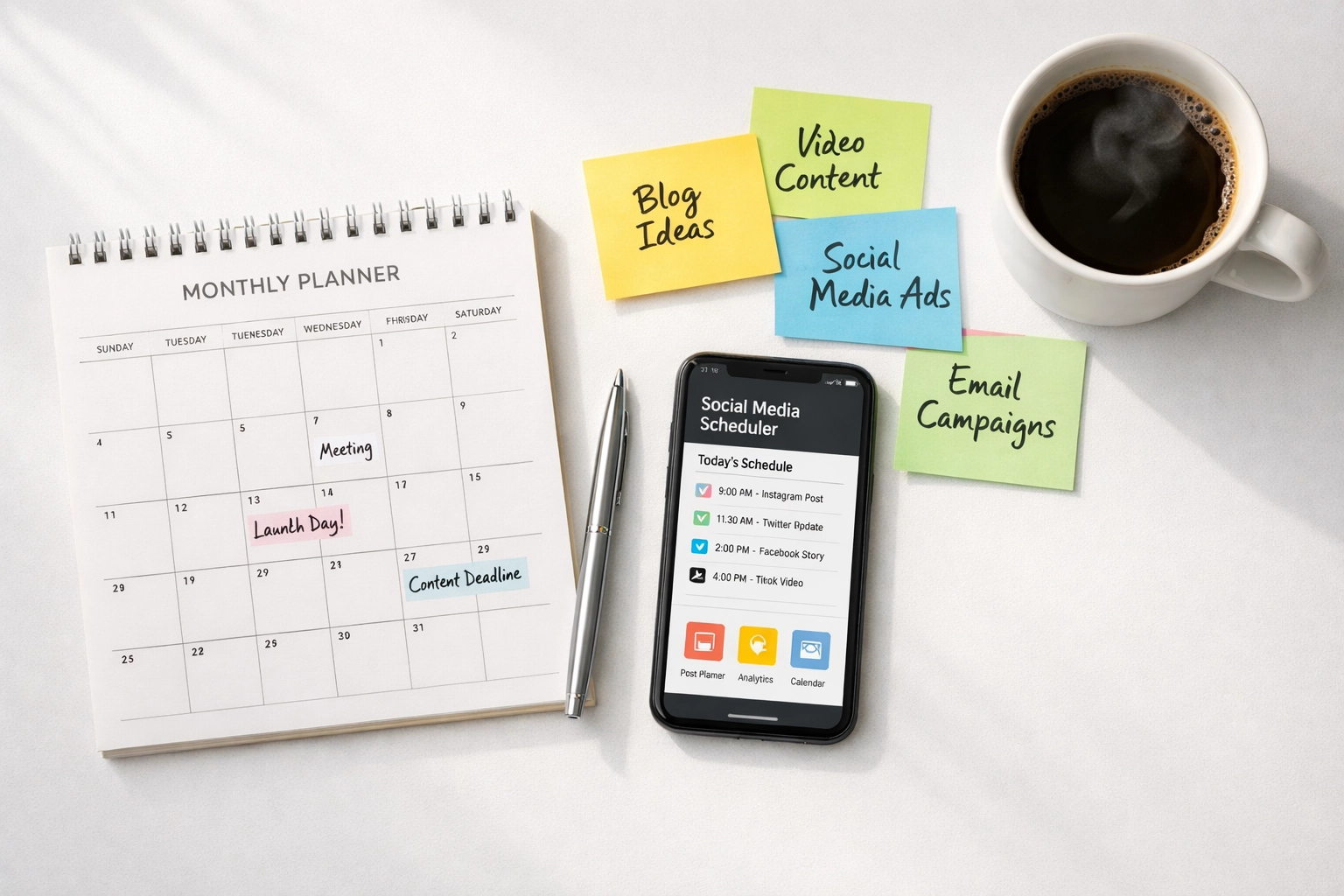 Organized workspace with marketing calendar planner and social media scheduling on smartphone