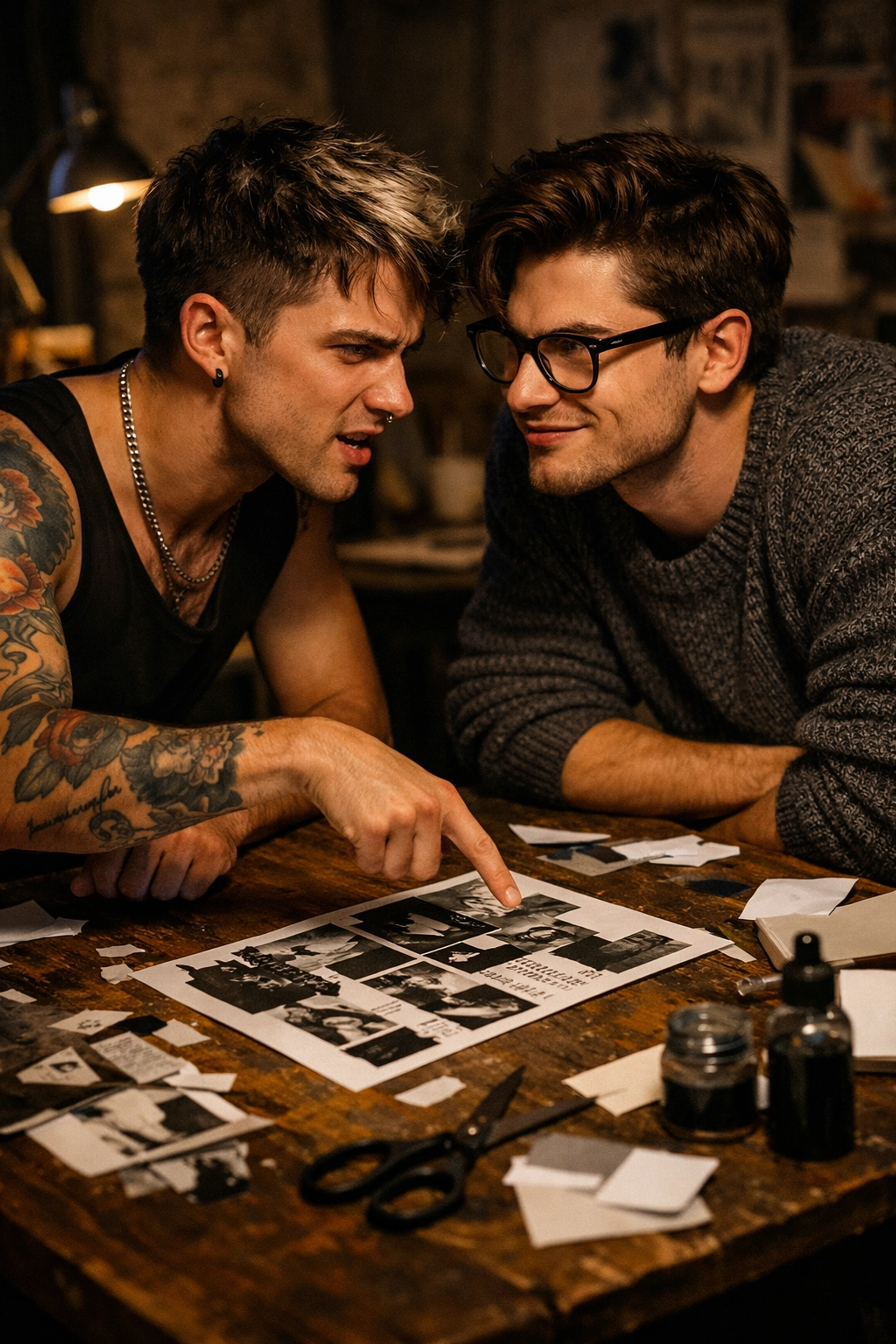 Two men in an art studio debating a zine layout, capturing an enemies to lovers MM romance trope.