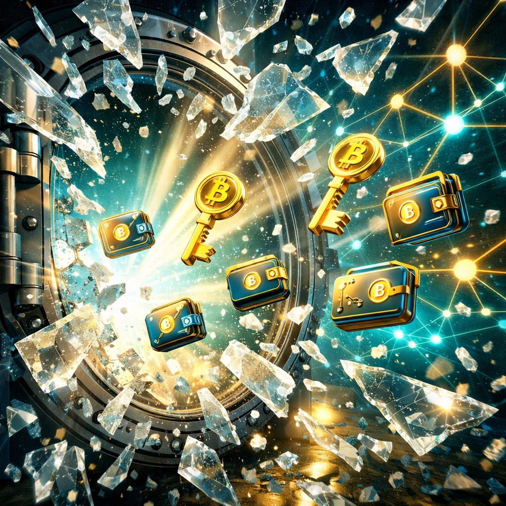 Crypto private keys breaking free from custodial vault representing self-custody merchant control