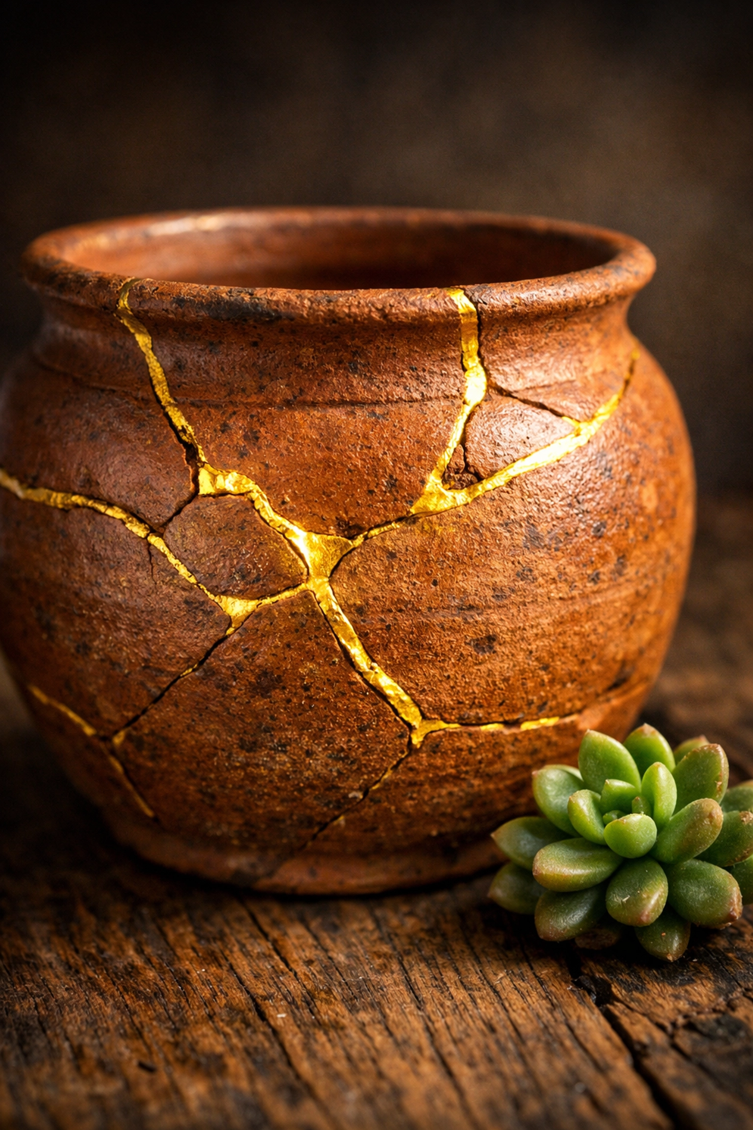 A Kintsugi vessel with gold cracks showing how core wounds become a person's greatest strengths.