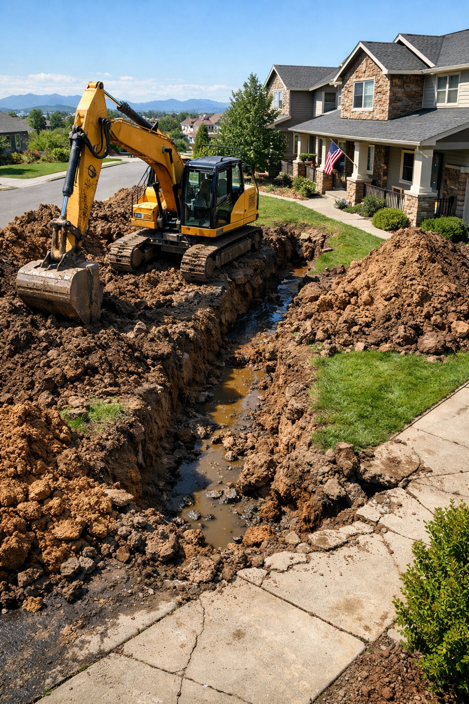 Traditional sewer excavation damaging a Denver yard with deep trenches and heavy machinery.