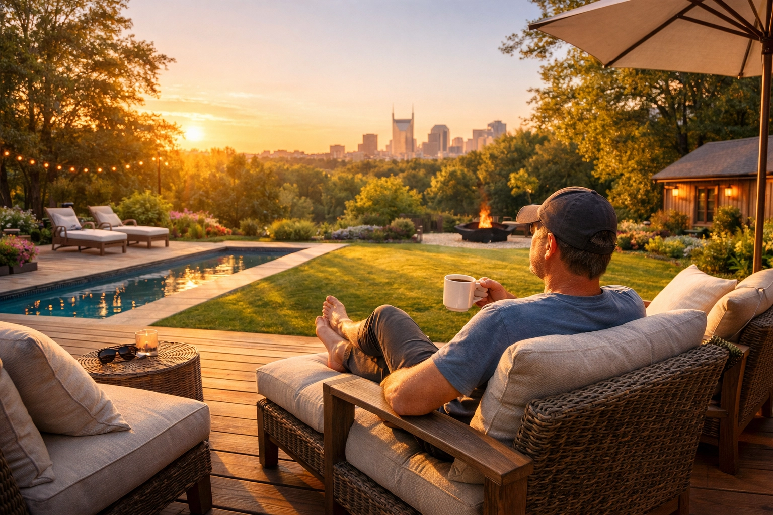 A relaxed Nashville property owner enjoying passive income and peace of mind on a sunny outdoor deck.