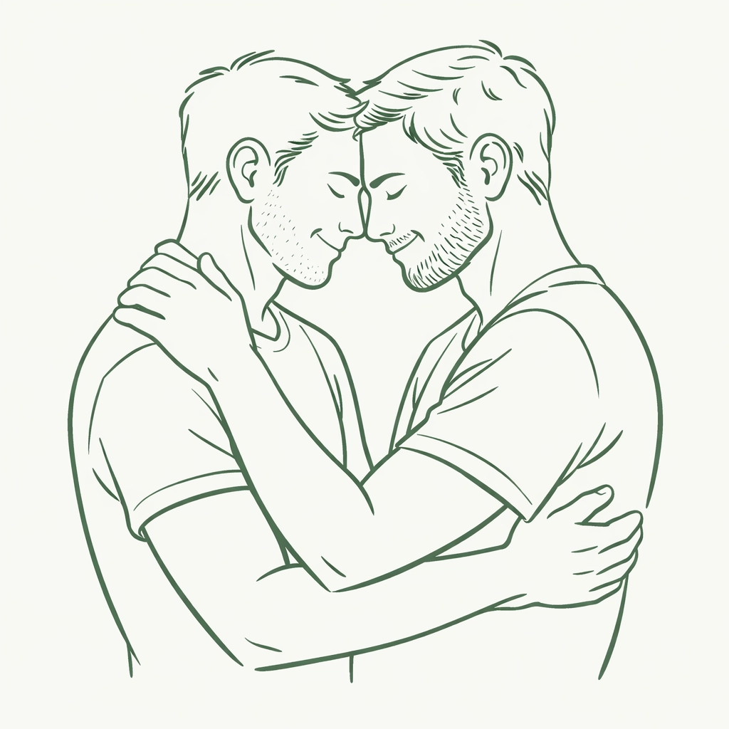 Two men embracing forehead to forehead, small wins of queer resilience and love