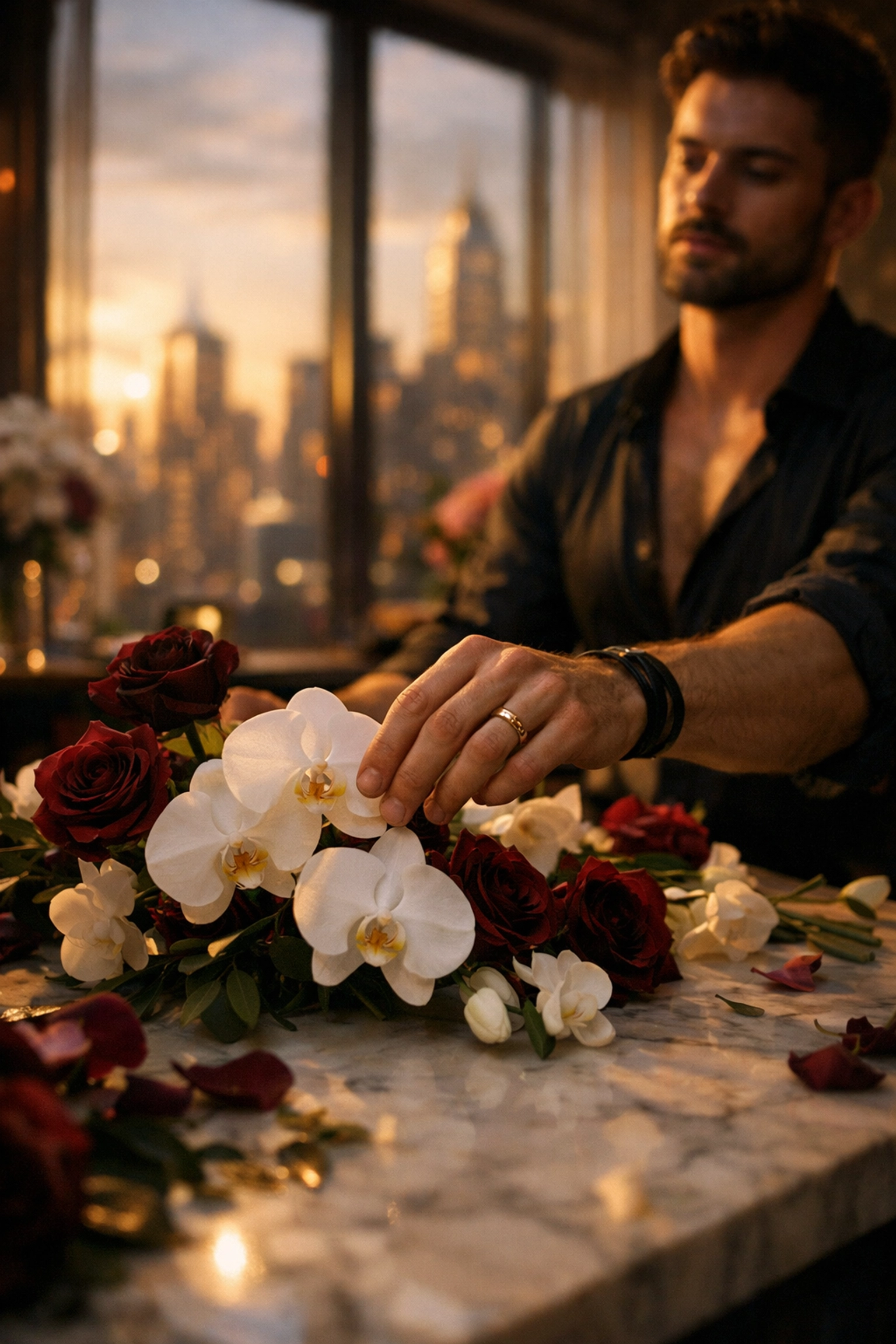 Gay florist arranging luxury orchids and roses in Manhattan studio for elite clients