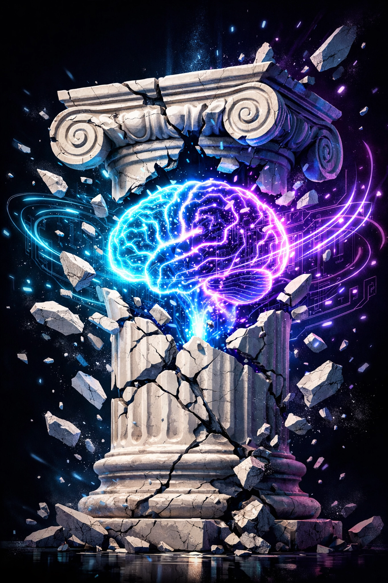 A digital brain emerging from a cracking marble column, representing the shift from GPA to industry readiness.