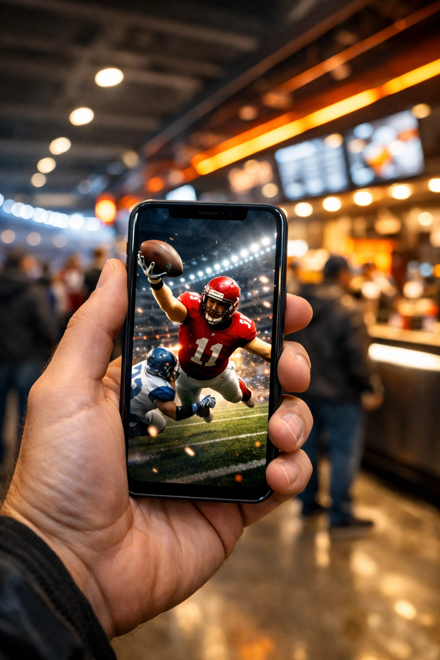 A sports fan using a mobile app to view athlete endorsements inside a modern stadium during a game.