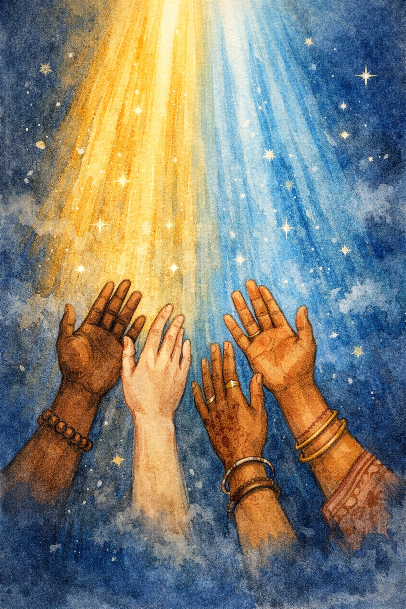 Diverse hands reaching toward divine light representing God's personal love for all humanity