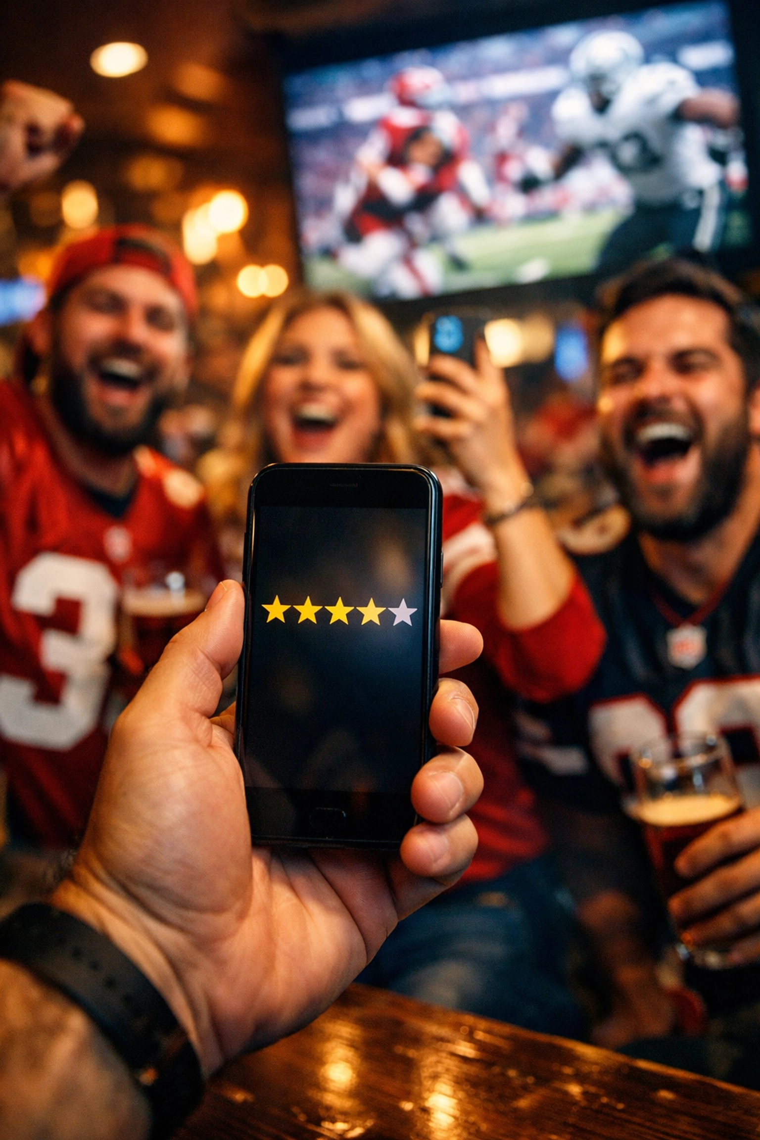Sports fans using smartphones to provide brand feedback and high Net Promoter Score ratings during a game.