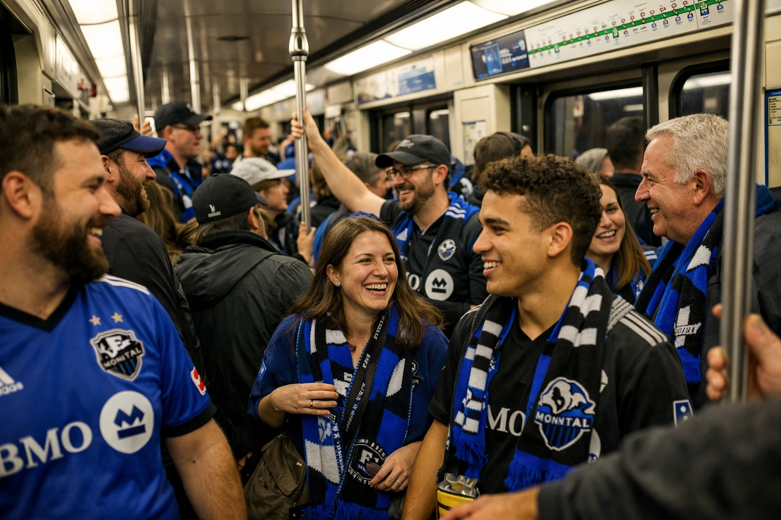 Fans wearing CF Montreal jerseys riding the STM Green Line metro to a soccer match at Stade Saputo.