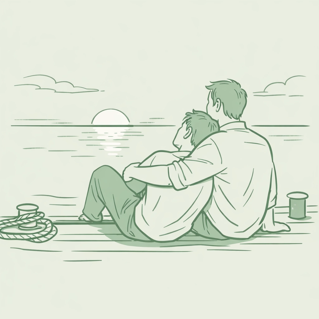 Two men at sunrise on dock reflecting peaceful acceptance after first-time same-sex experience