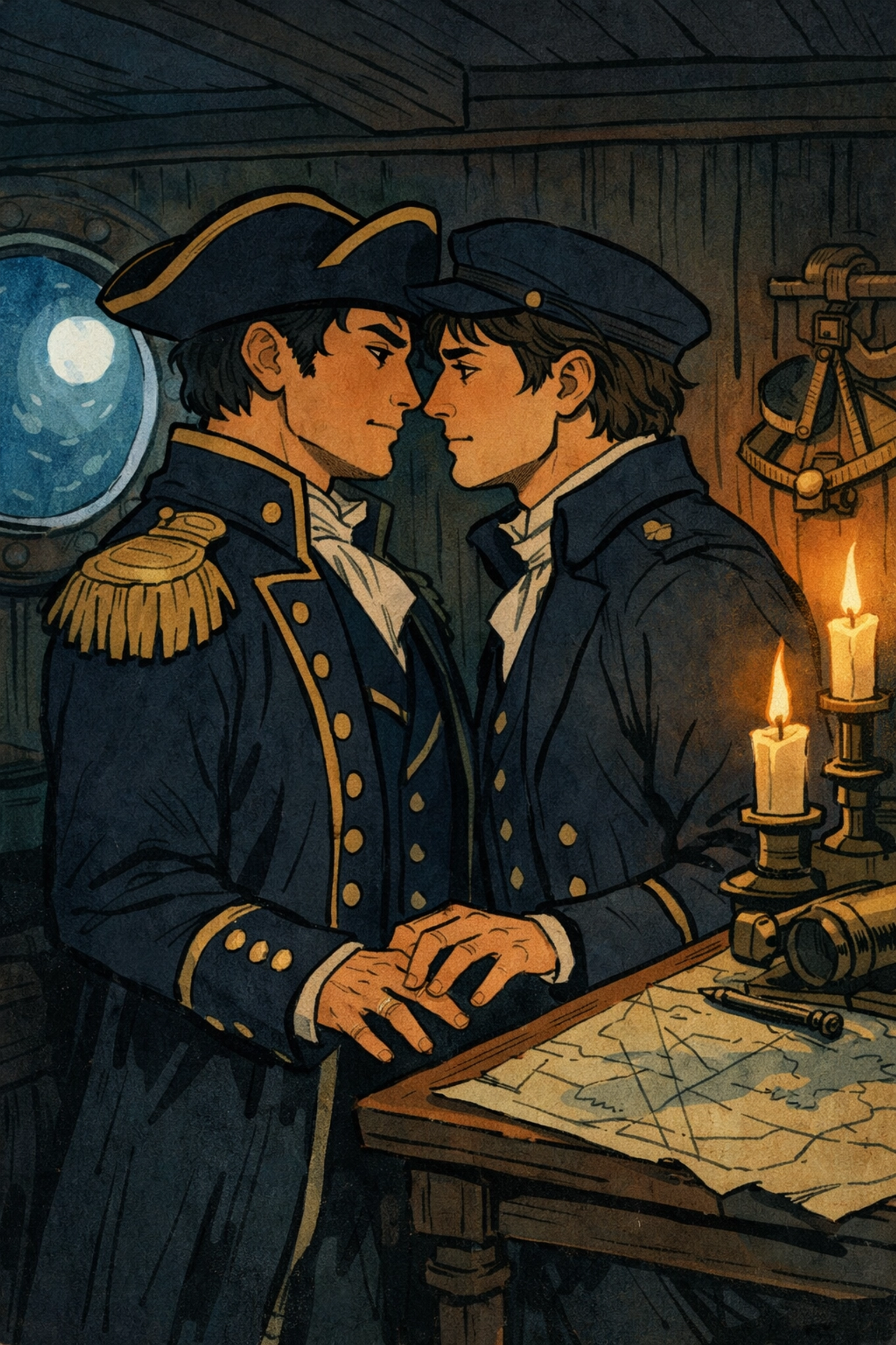 Captain and first mate share intimate moment in ship cabin - MM naval romance forbidden love