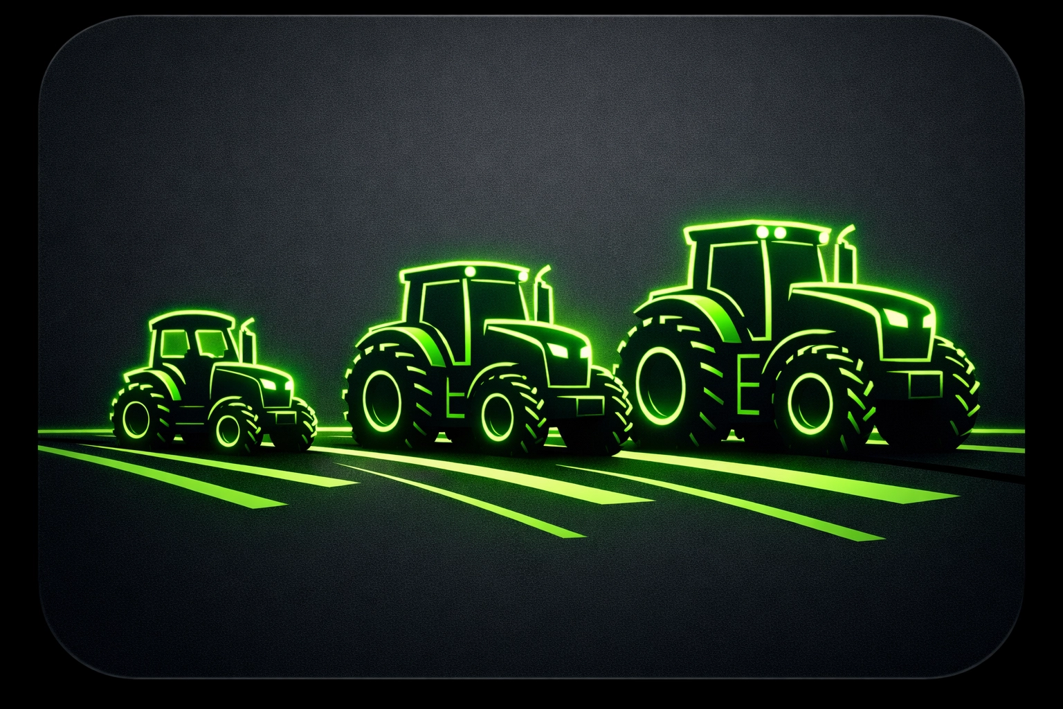 Modern silhouettes of compact, utility, and heavy-duty used tractors for different farm tasks.
