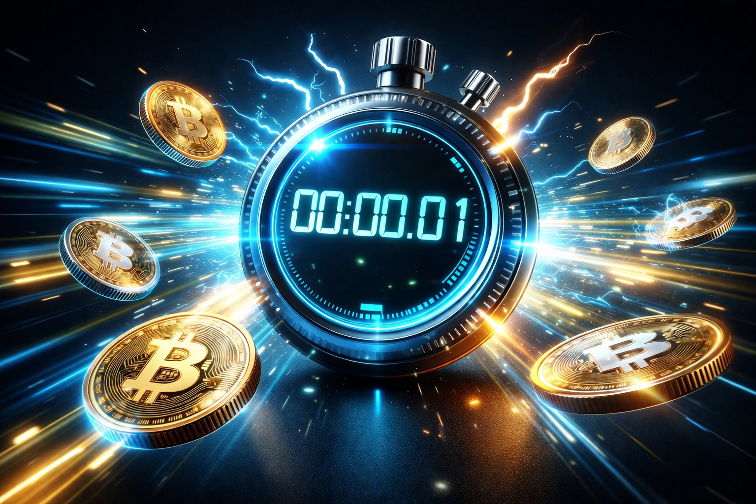 Illustration of ultra-fast crypto payment transaction speed with digital stopwatch and glowing coins for Larecoin POS system.