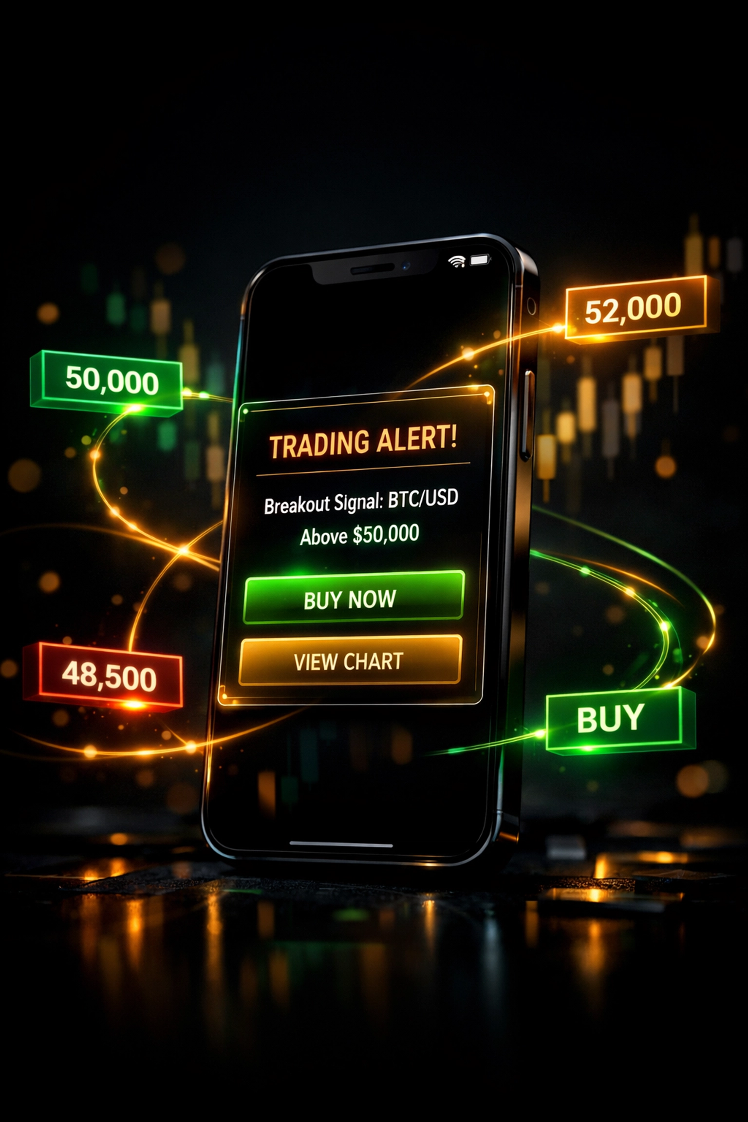 Mobile phone displaying real-time trading alert notification with price level indicators