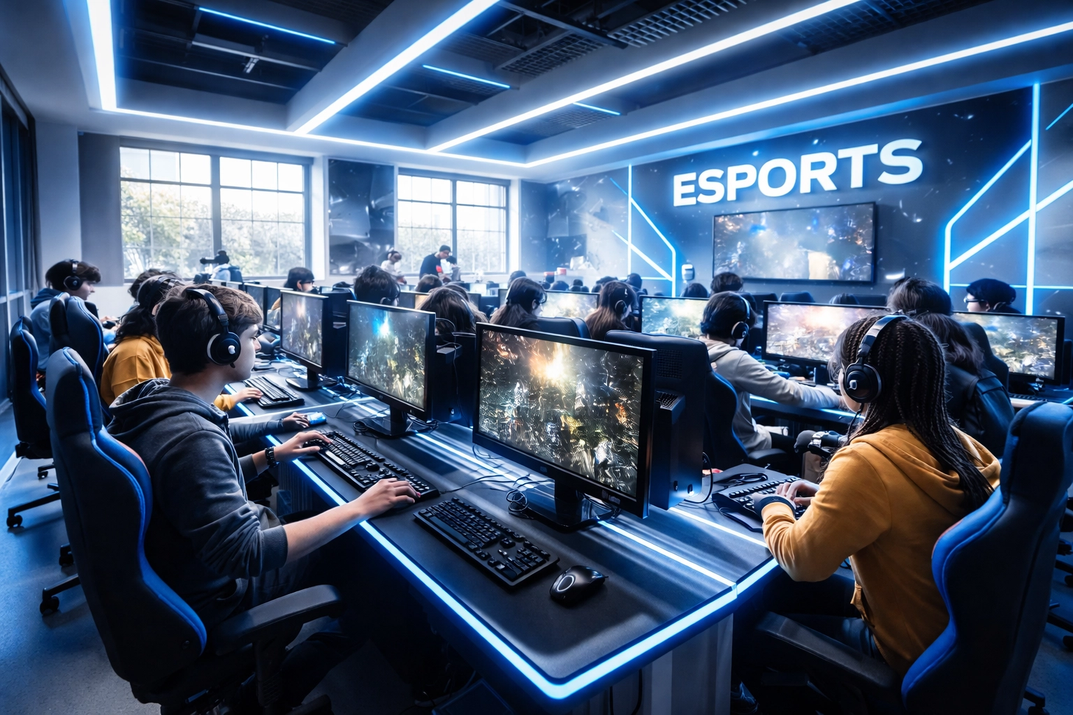 High school students compete in a modern esports lab with advanced gaming stations, showcasing innovative education infrastructure.