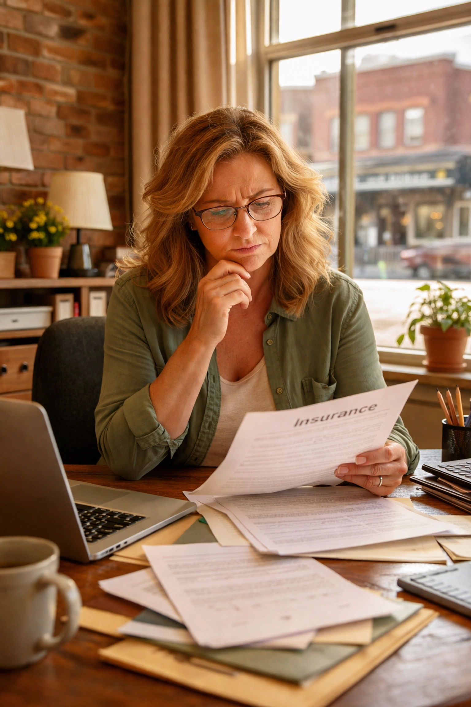 Kentucky small business owner reviews insurance documents at her desk, realizing potential coverage gaps.