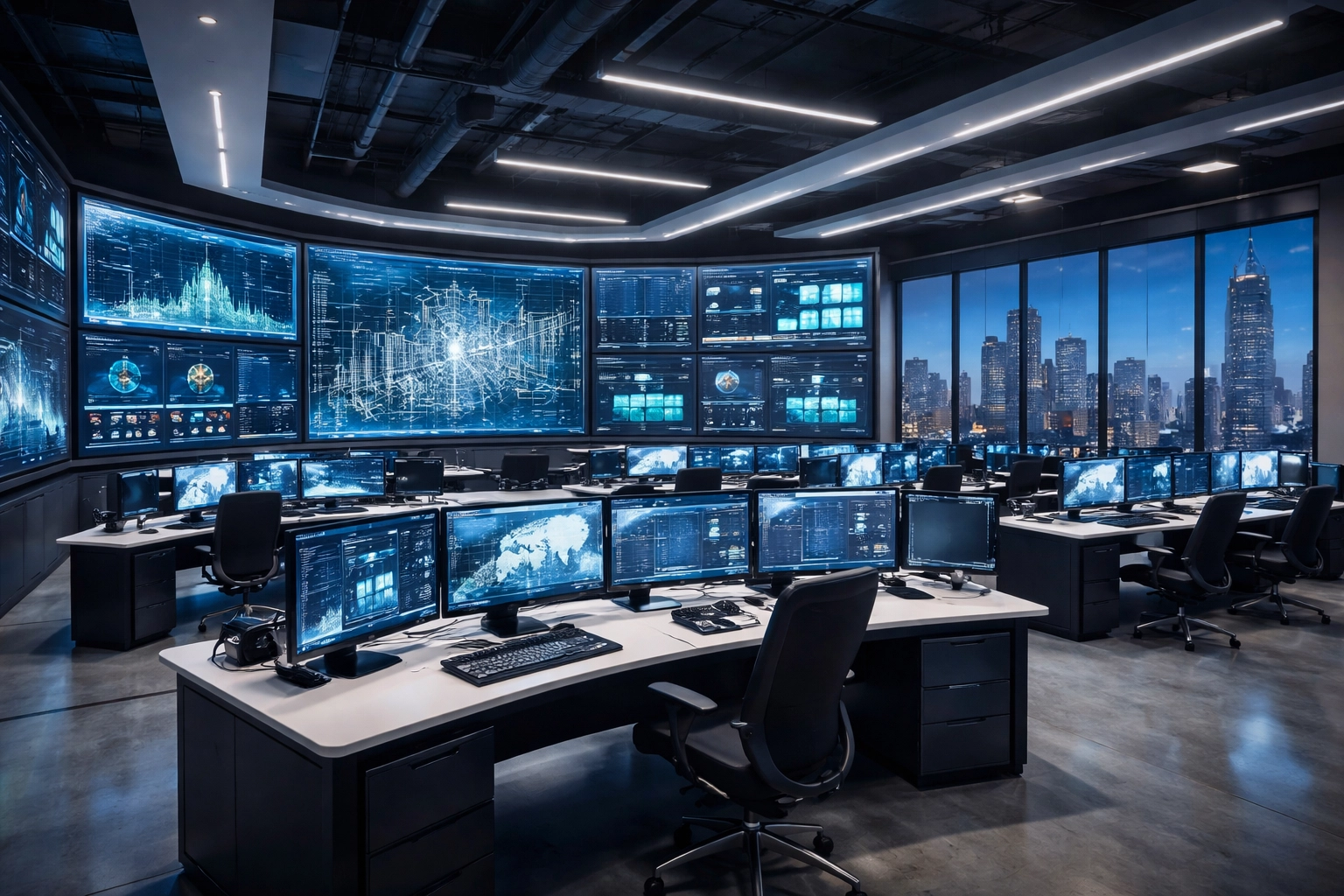 Technology command center with large data visualization screens and collaborative workstations overlooking the city