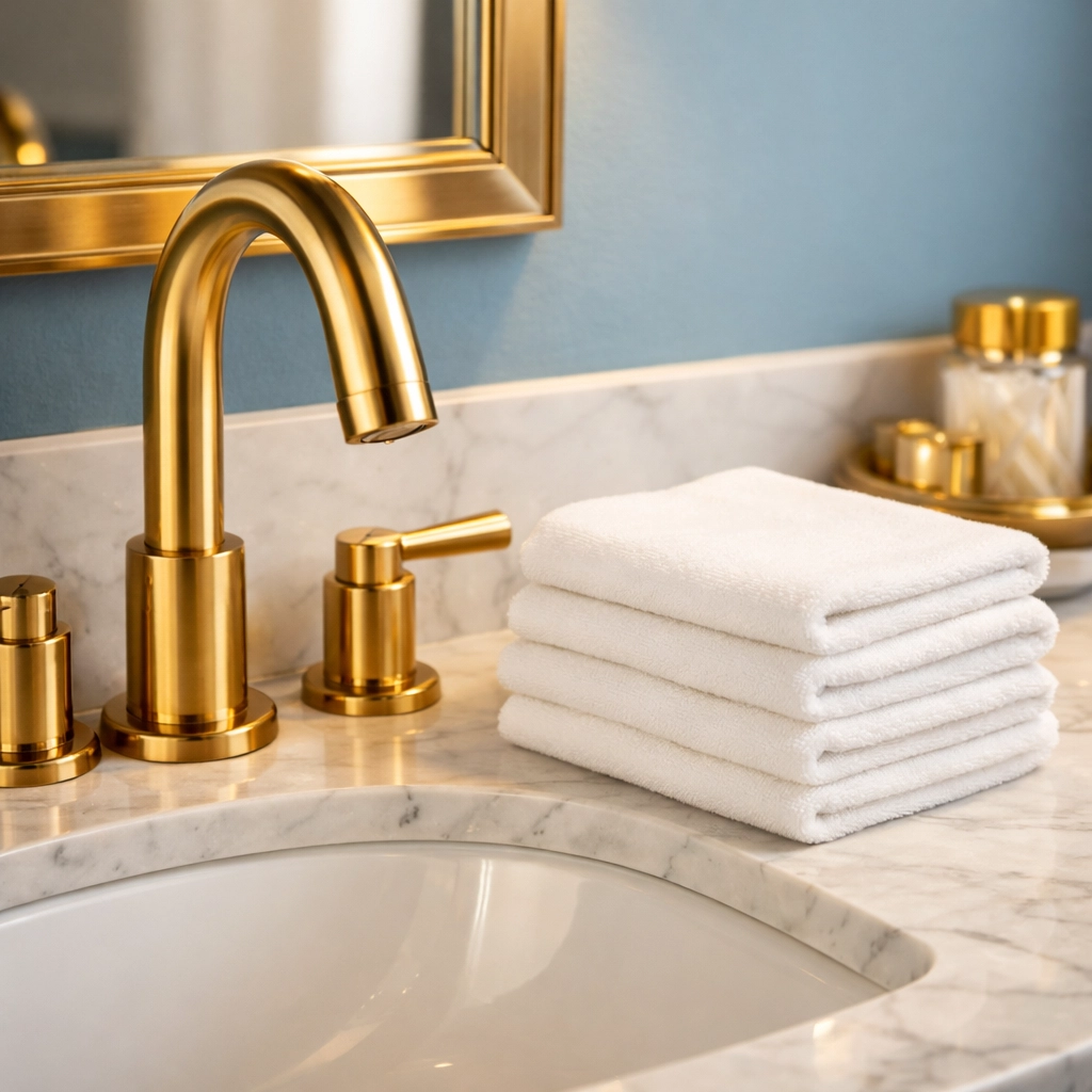 Spotless brushed-gold bathroom fixtures and microfiber cloths showing meticulous luxury home cleaning in Natick.