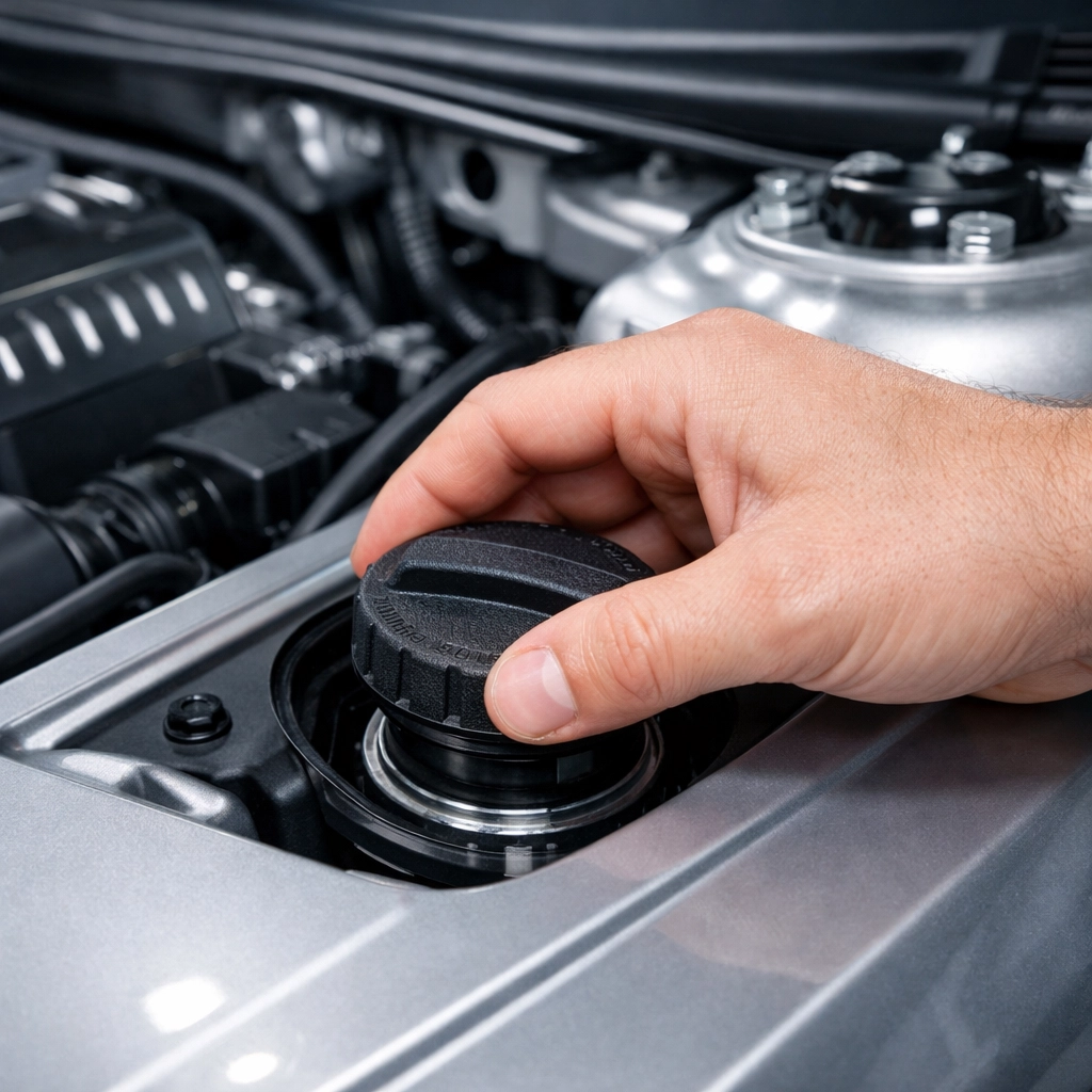 A hand tightening a gas cap in an engine bay to resolve issues found during a car repair in Waipahu.