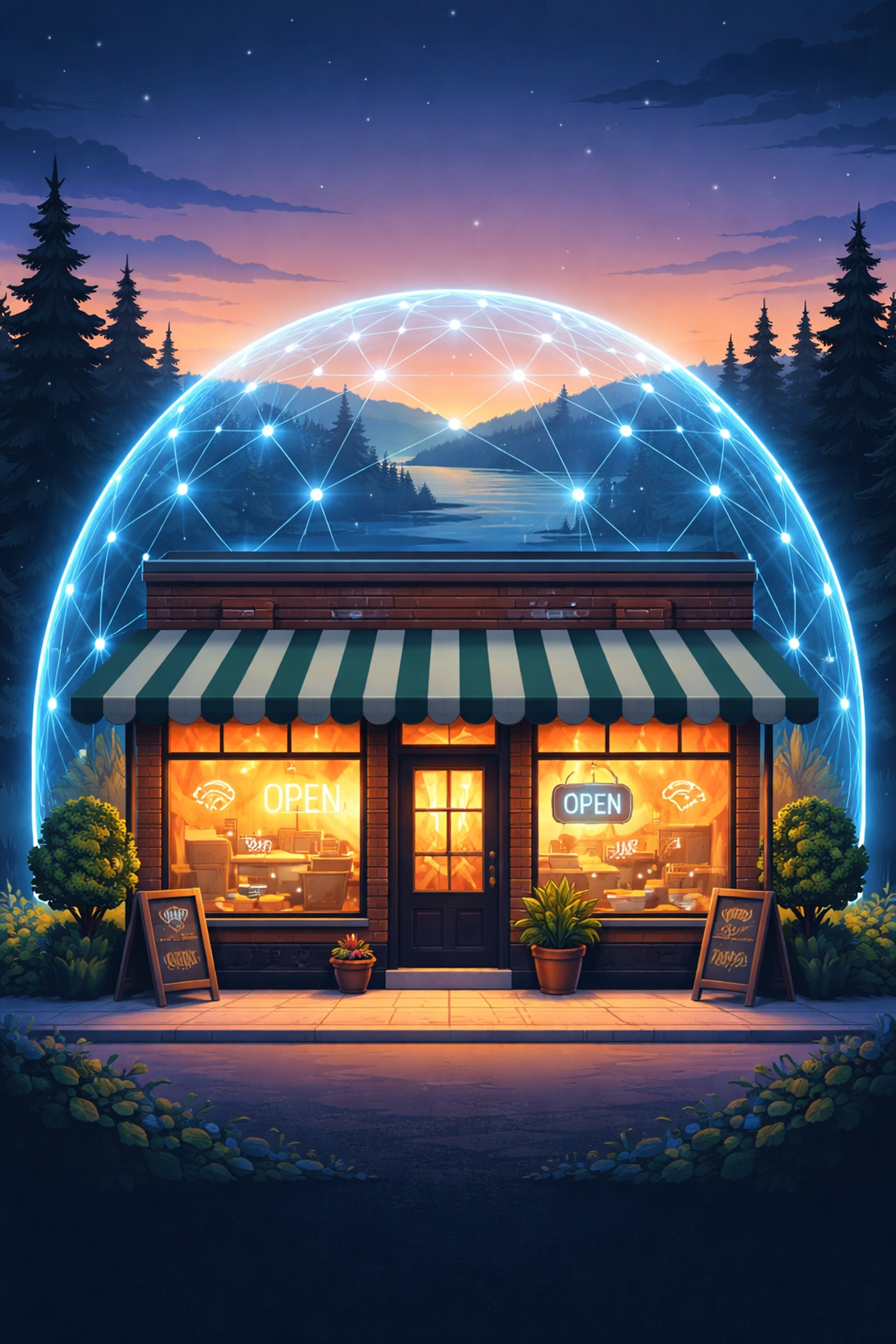 Northern Michigan business storefront protected by glowing digital dome, symbolizing around-the-clock IT security