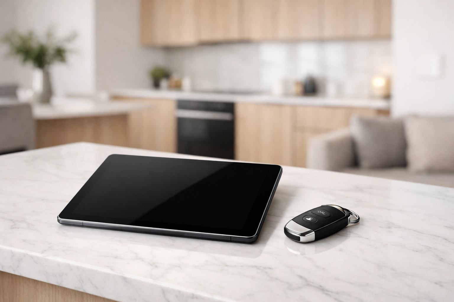 Professional property management technology and keys in a clean, modern Midwest apartment unit.