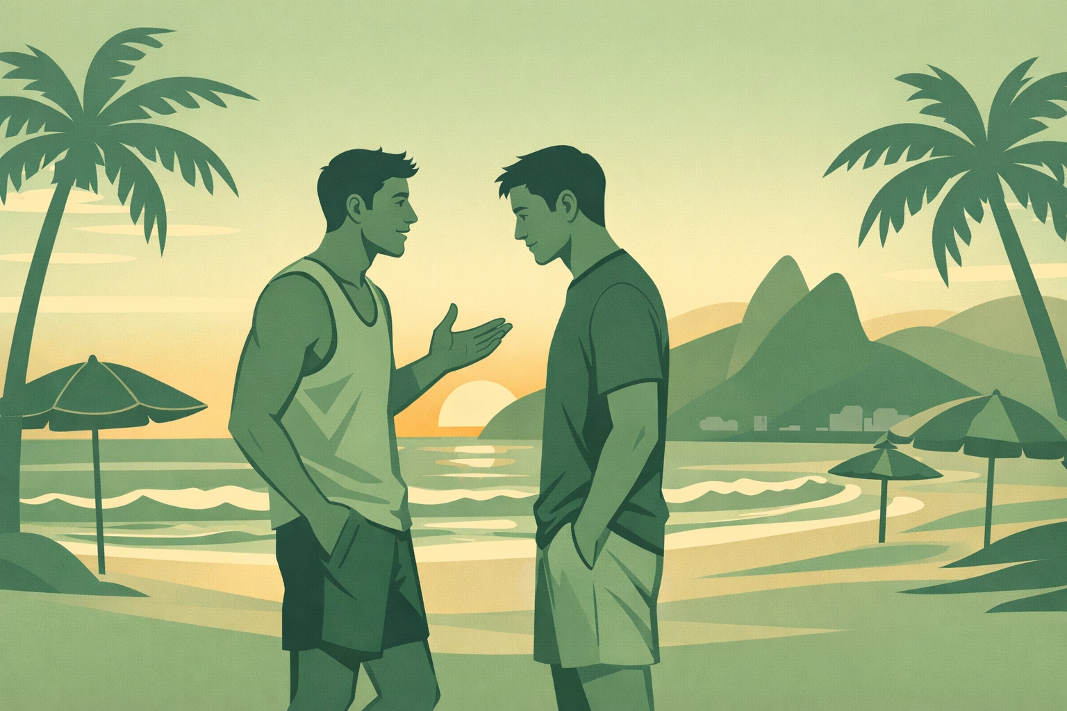 Two men in emotional conversation on Ipanema Beach at sunset - gay romance Rio