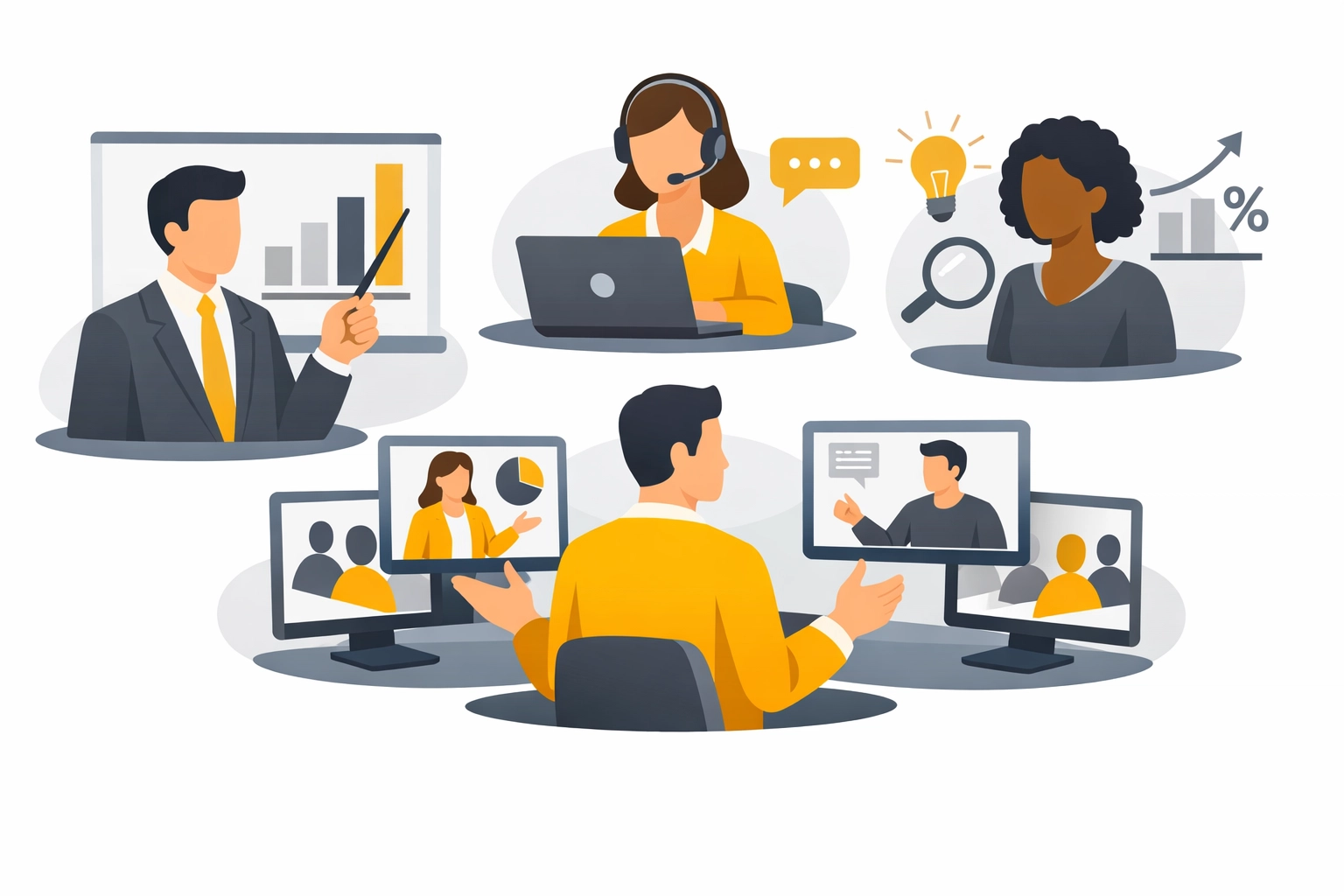 Sales teams and consultants using interactive webinar software for presentations