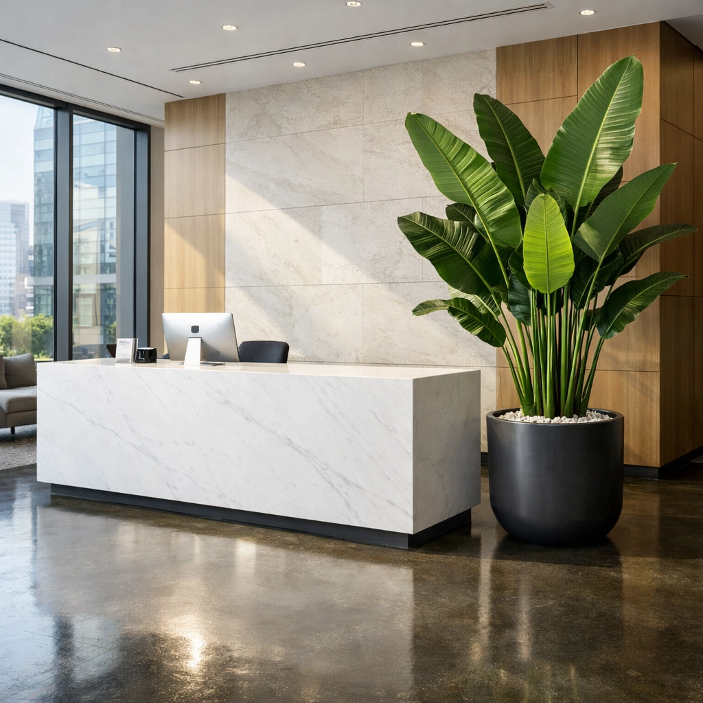 Modern Detroit office lobby with polished floors, showing professional janitorial maintenance standards.