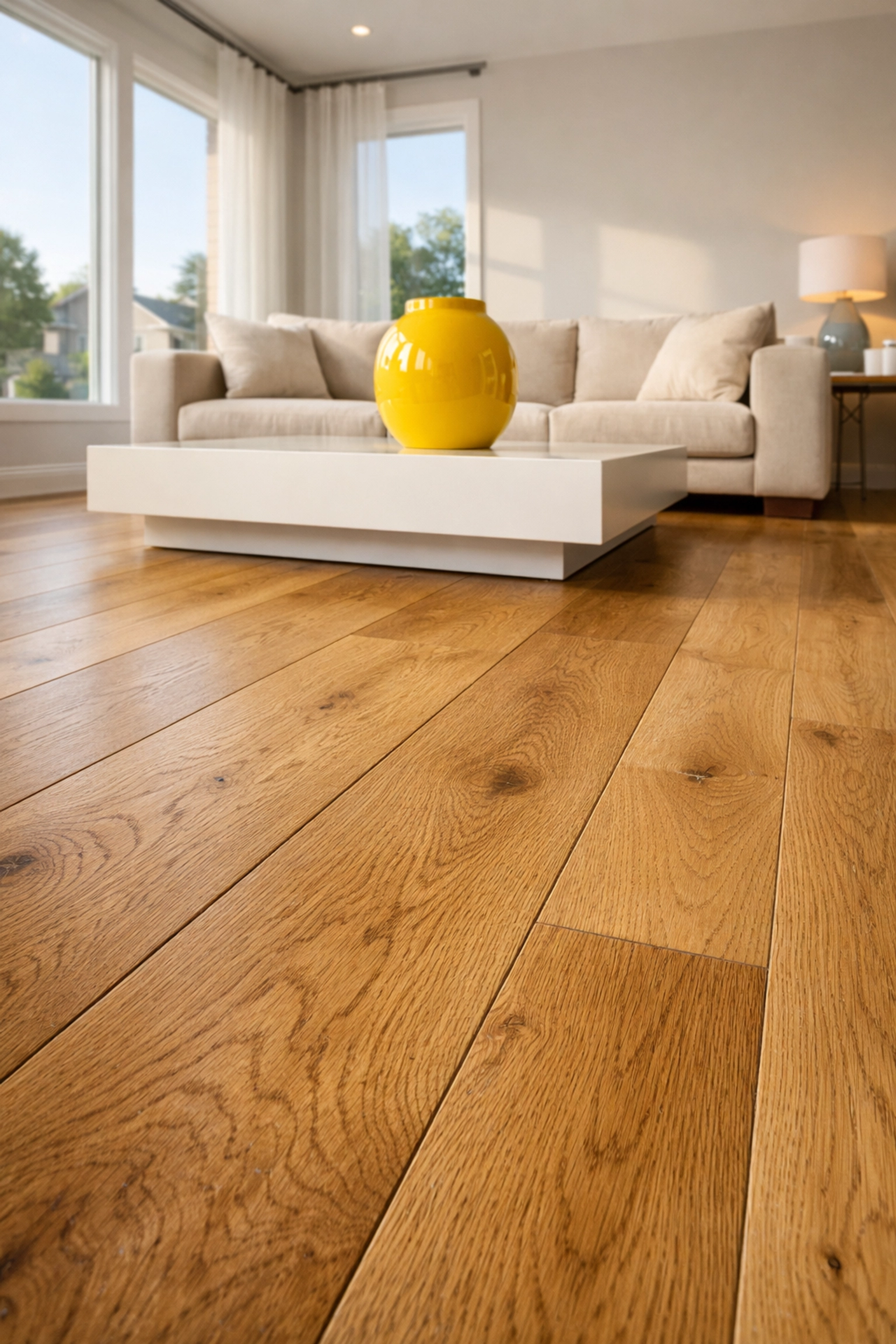 Natural European White Oak hardwood floors Chicago, showing wide-plank wood flooring in a modern living room.