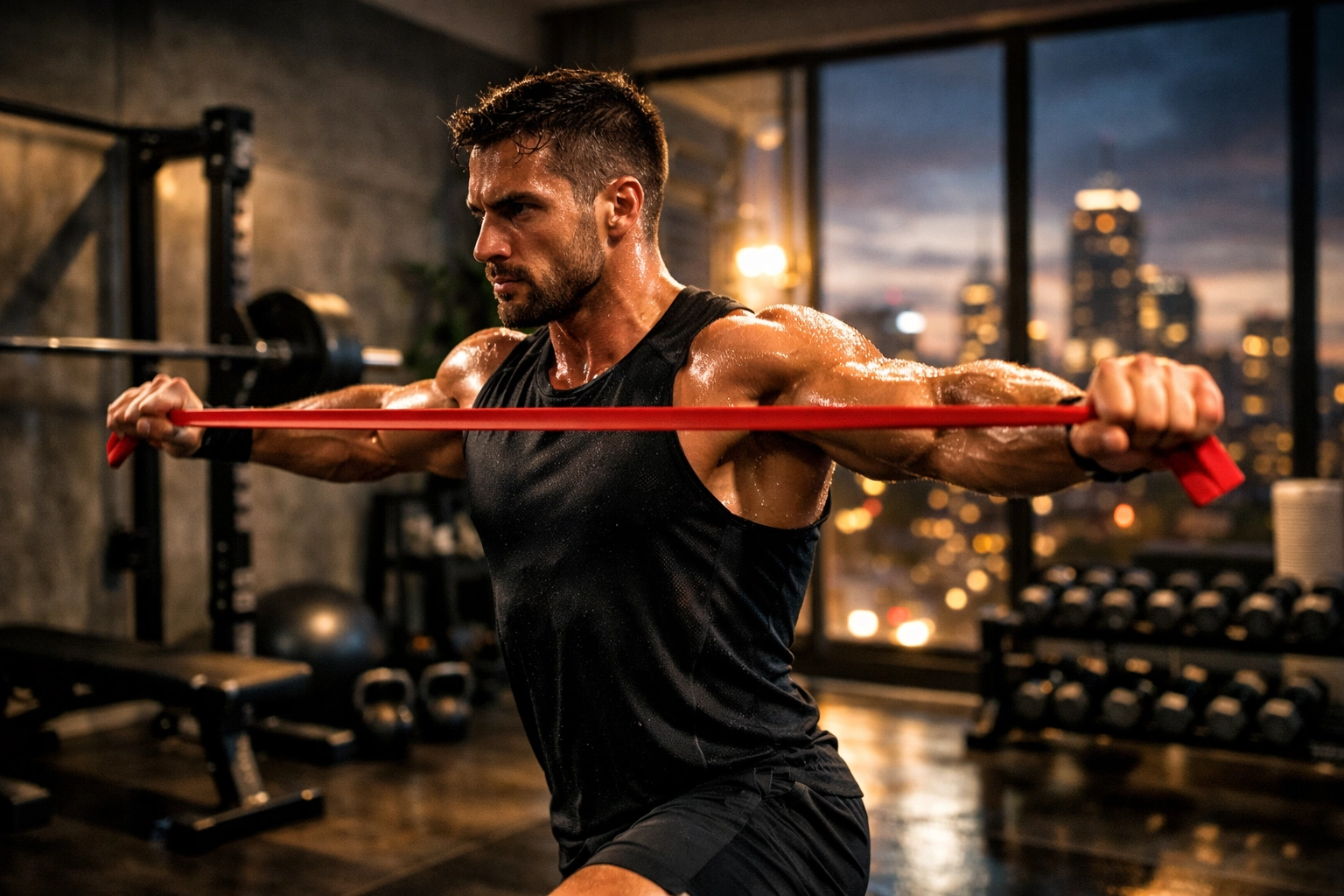 Athlete performing a dynamic warm-up for resistance training in a modern home gym.