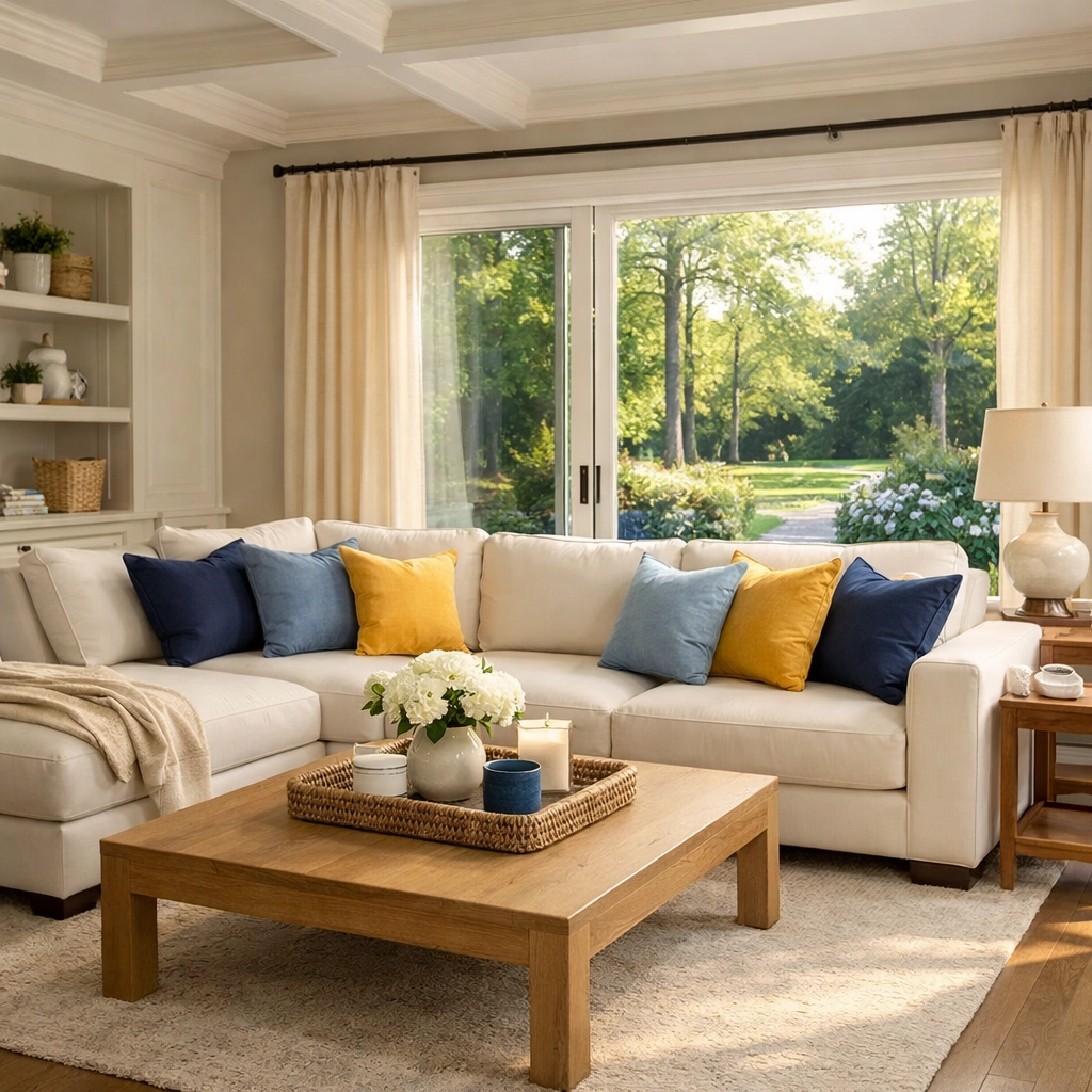A stress-free, tidy living room in a Massachusetts home after professional house cleaning in Westford.