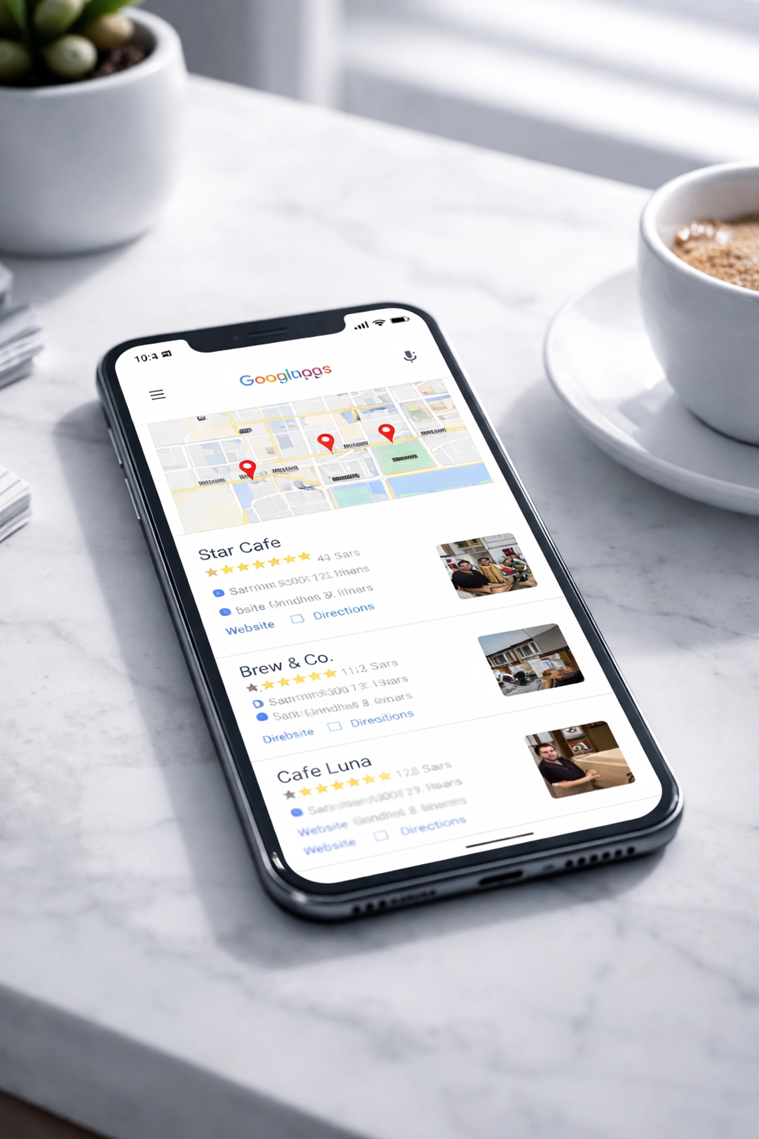 Smartphone displaying Google Maps local search results with business listings and star ratings for Google Business Profile optimization.