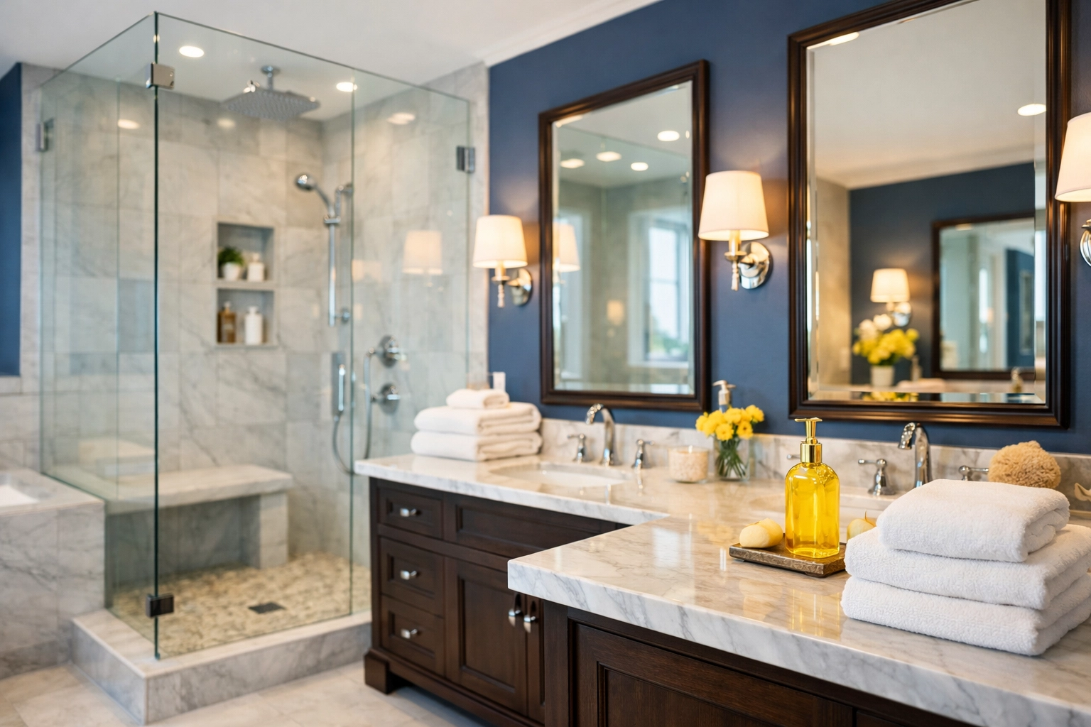A clean, steam-free luxury bathroom showing effective moisture control from a working exhaust fan.