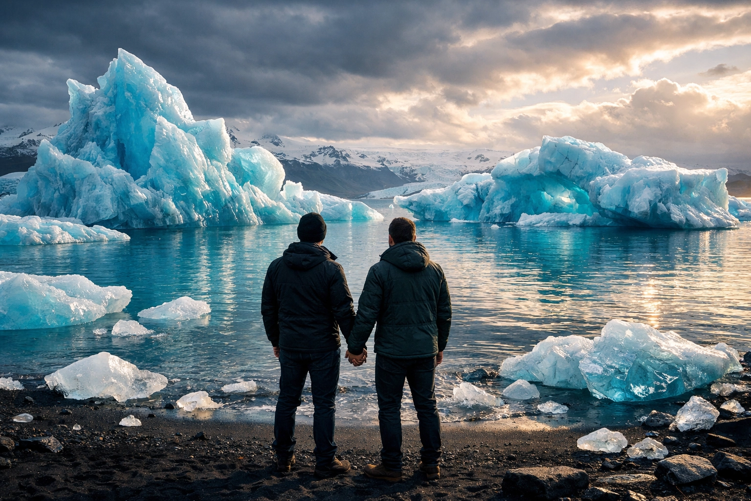 Two men holding hands at Jökulsárlón Glacier Lagoon viewing blue icebergs in Iceland