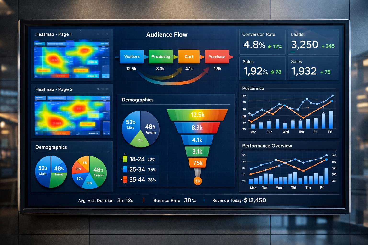 Digital dashboard displaying venue advertising metrics and audience analytics data
