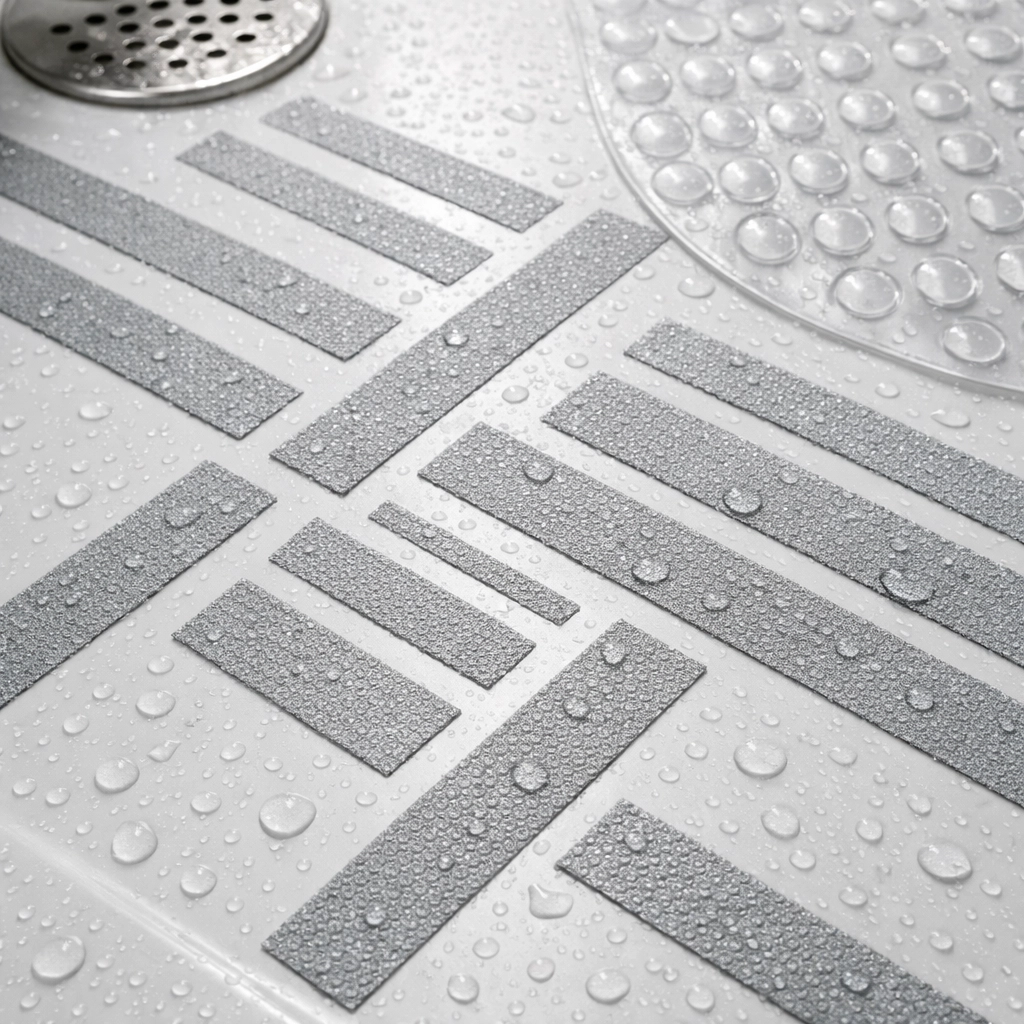 Non-slip strips and suction bath mat on shower floor for fall prevention
