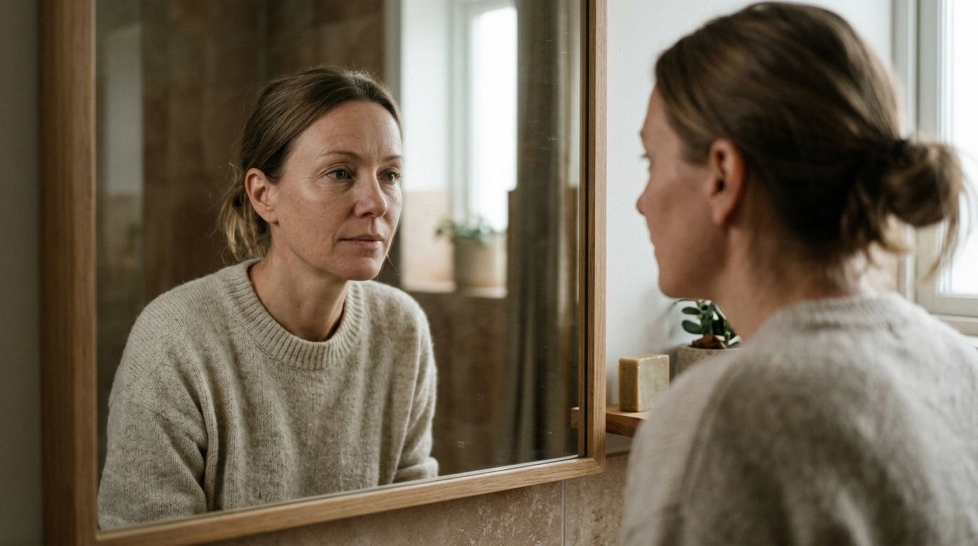 Woman looking thoughtfully in mirror